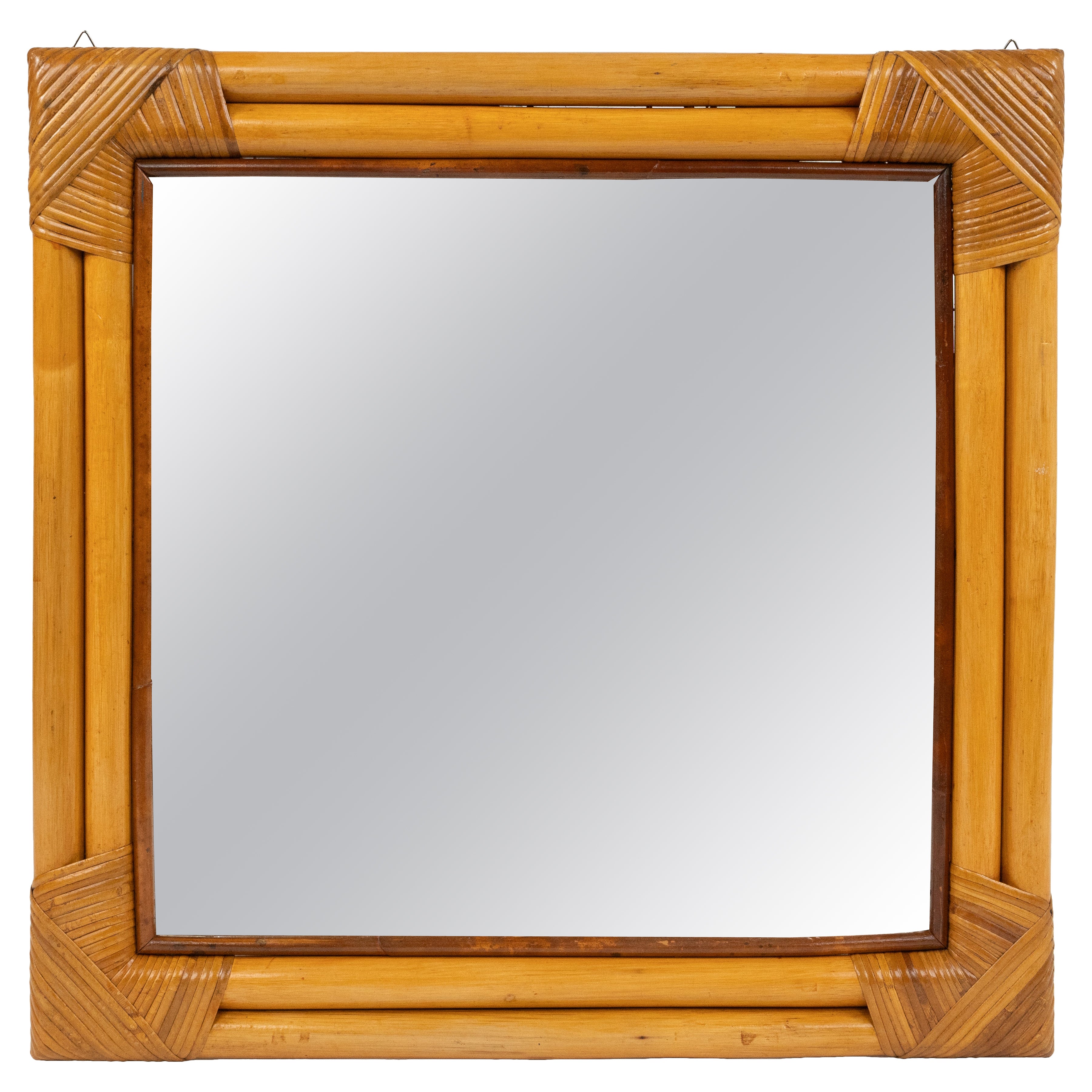 Midcentury Bamboo and Rattan Squared Wall Mirror whit Double Frame, Italy 1970s For Sale