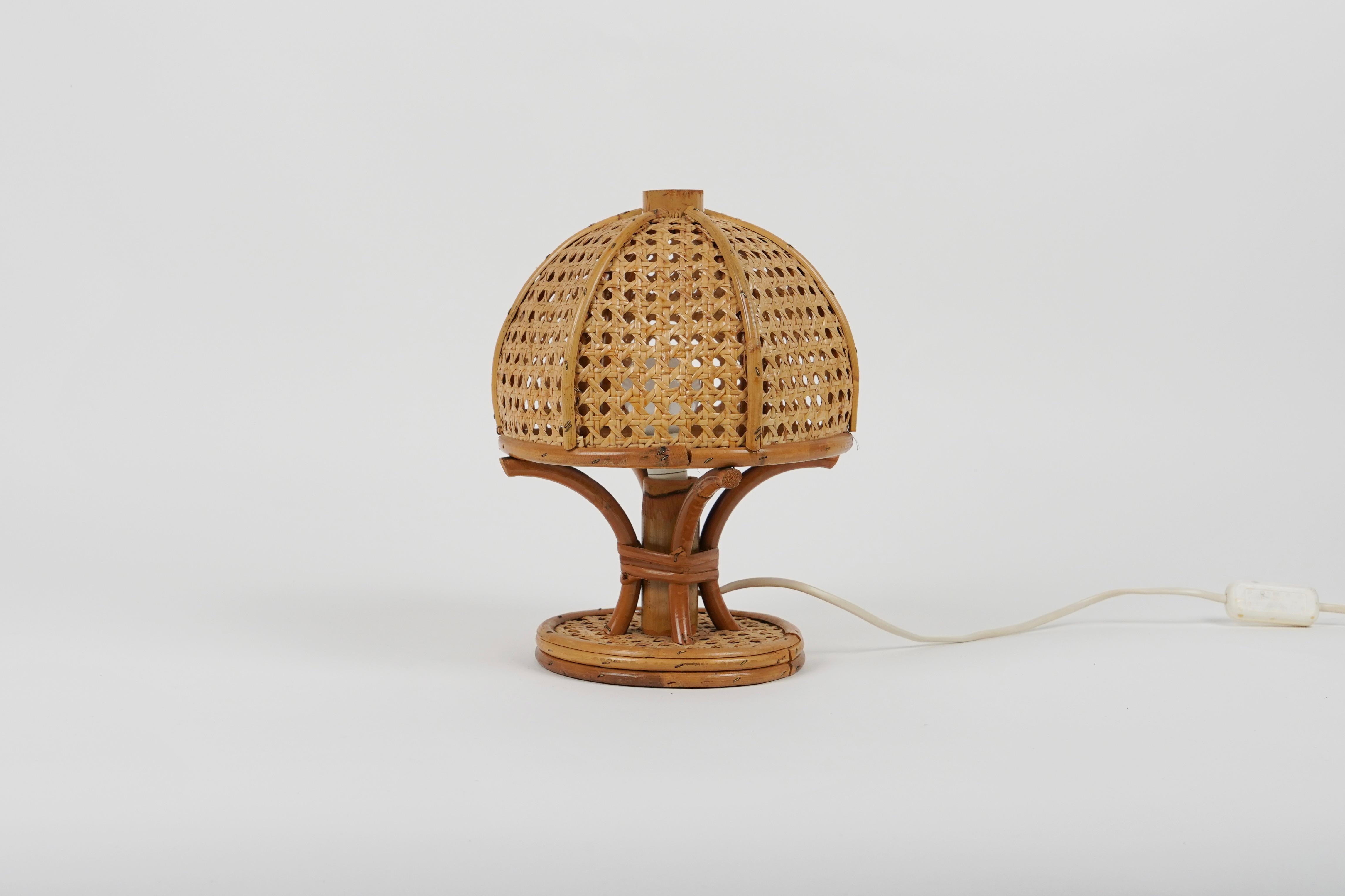 Late 20th Century Midcentury Bamboo and Rattan Table Lamp Louis Sognot Style, Italy, 1970s For Sale
