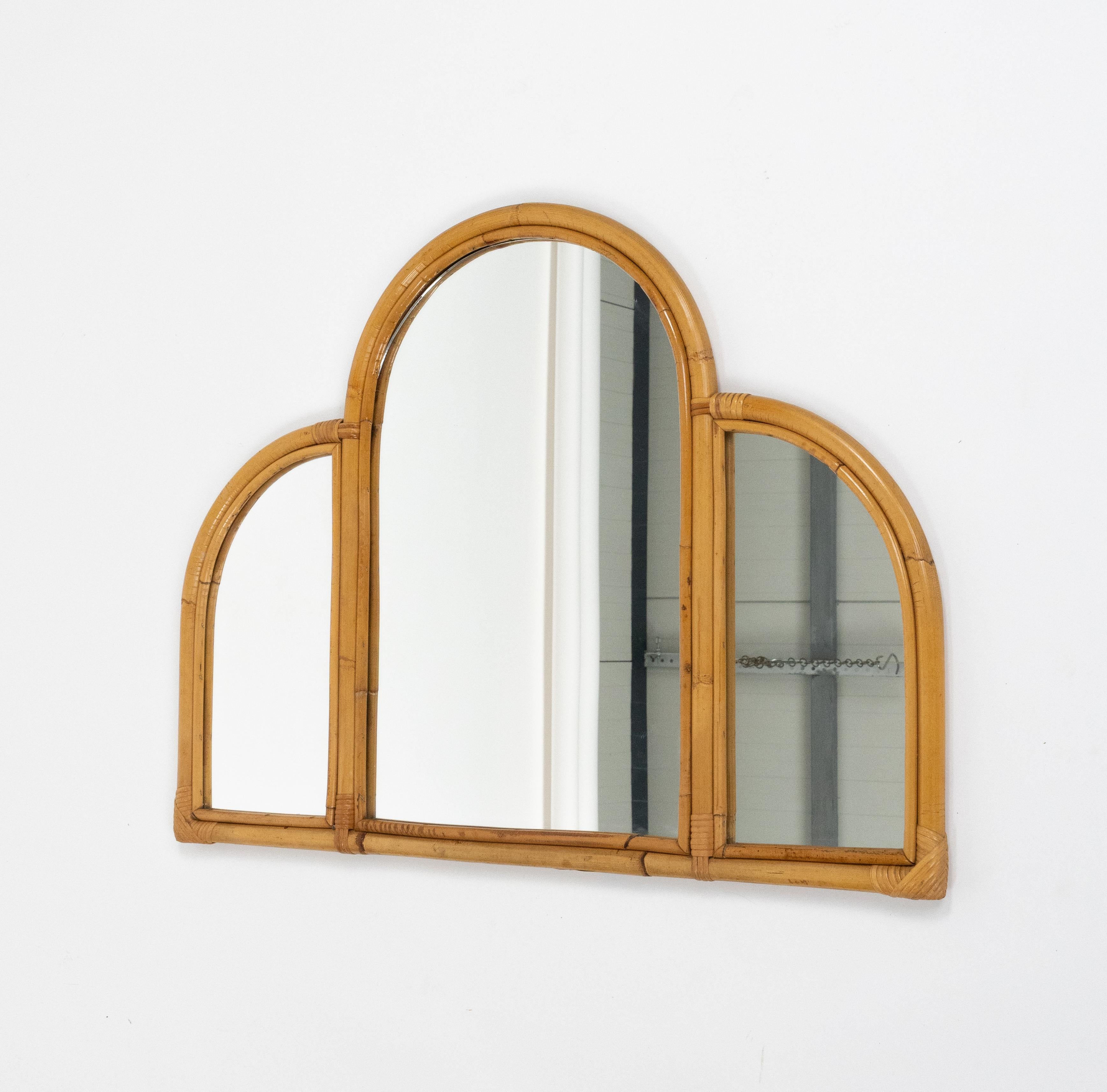 Bambou Midcentury Bamboo and Rattan Three Arches Wall Mirror, Italy 1970s en vente