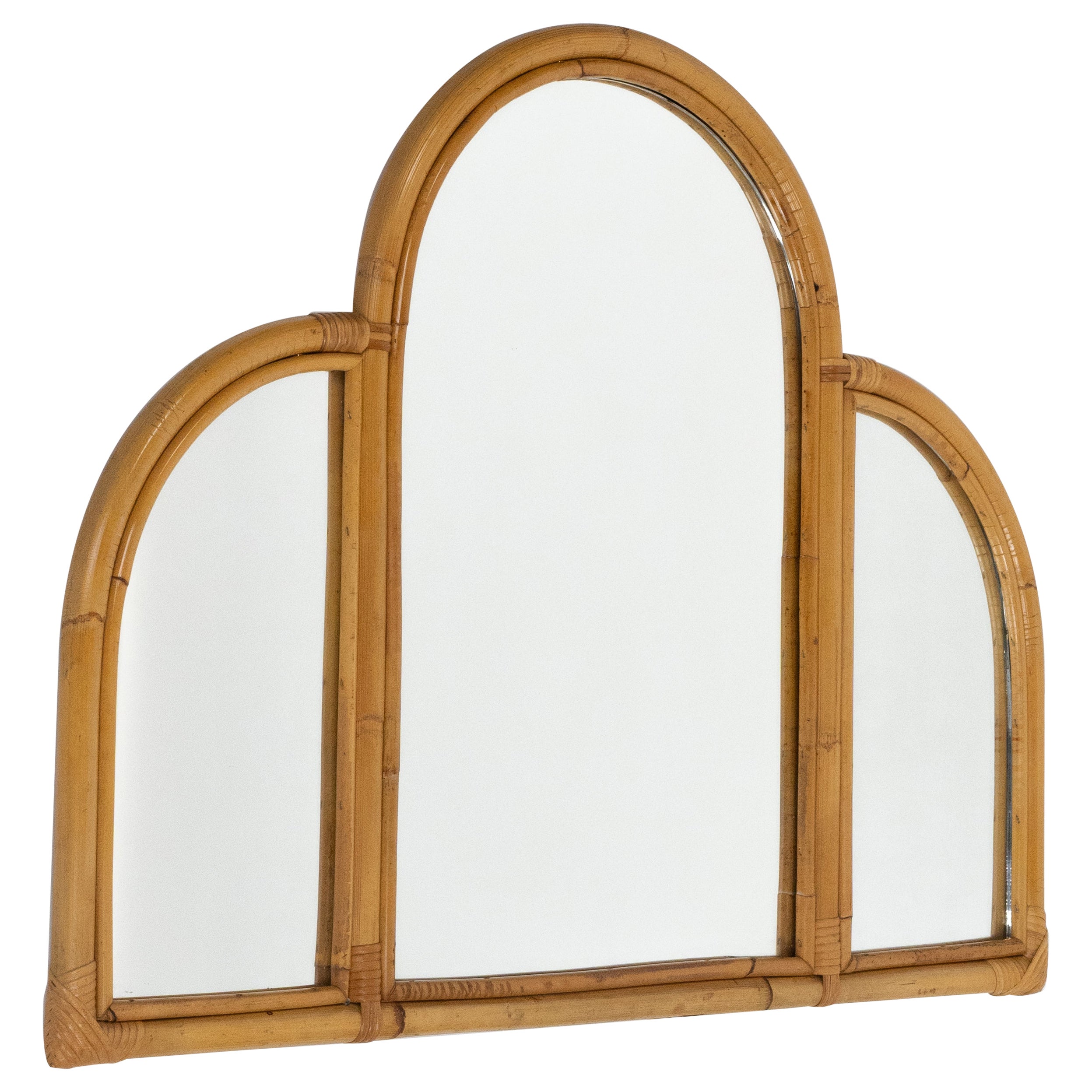 Midcentury Bamboo and Rattan Three Arches Wall Mirror, Italy 1970s