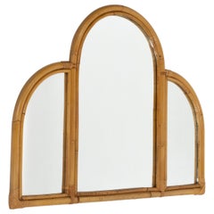 Midcentury Bamboo and Rattan Three Arches Wall Mirror, Italy 1970s