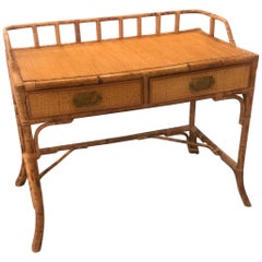 Midcentury Bamboo and Rattan Two-Drawer Desk, Bar or Table with Brass Pulls