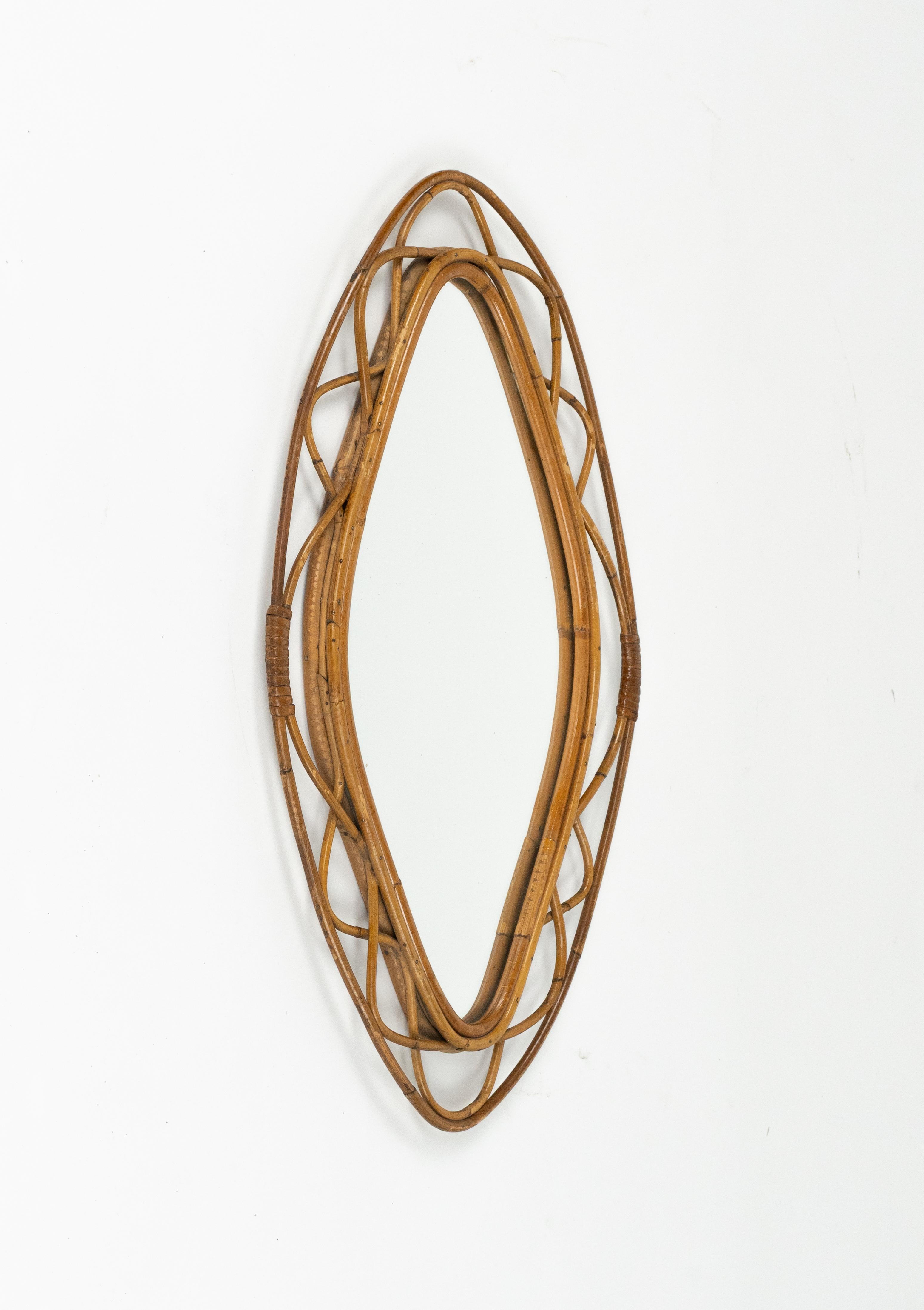 Mid-Century Modern Midcentury Bamboo and Rattan Wall Mirror Franco Albini Style, Italy 1960s For Sale