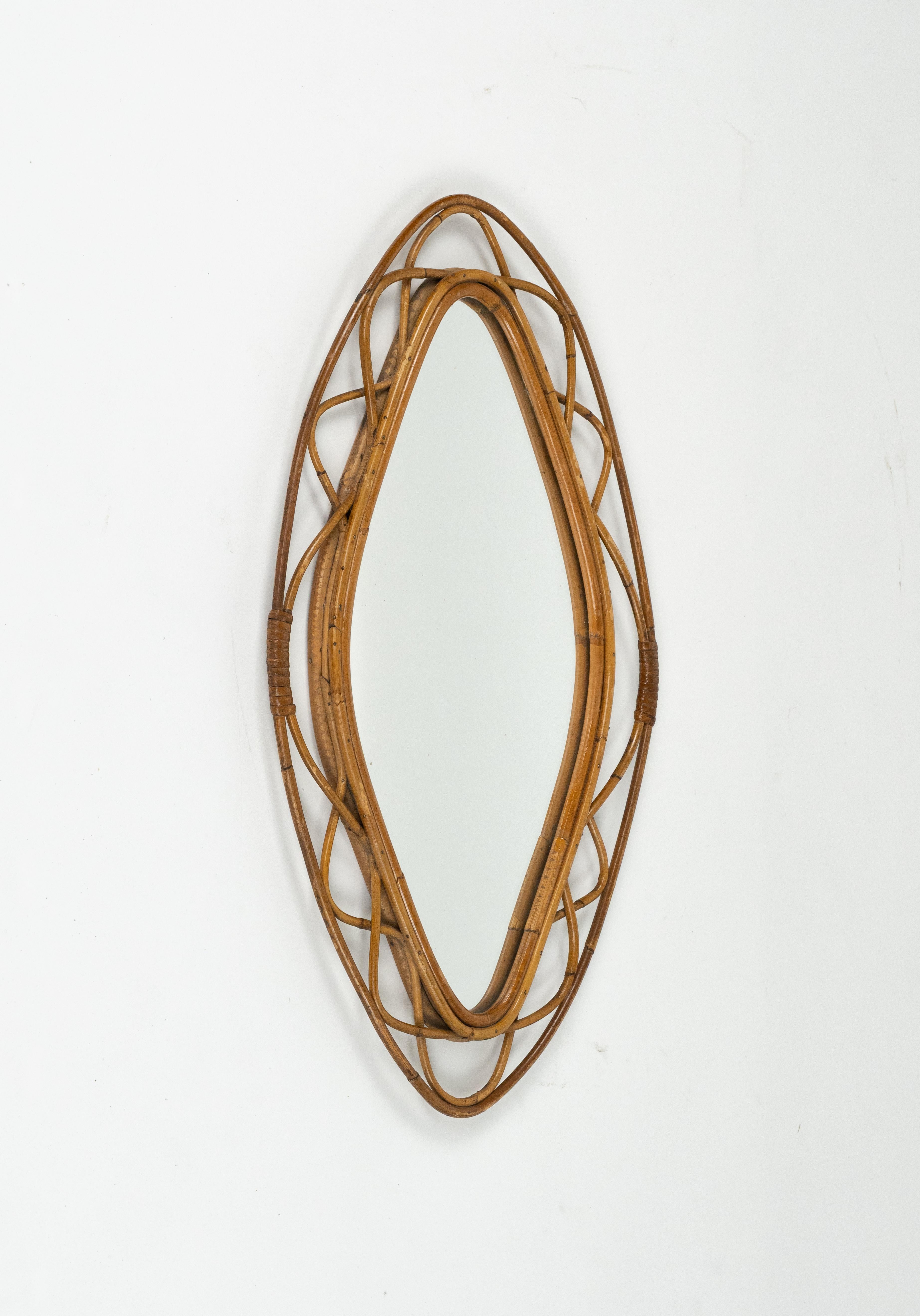 Italian Midcentury Bamboo and Rattan Wall Mirror Franco Albini Style, Italy 1960s For Sale