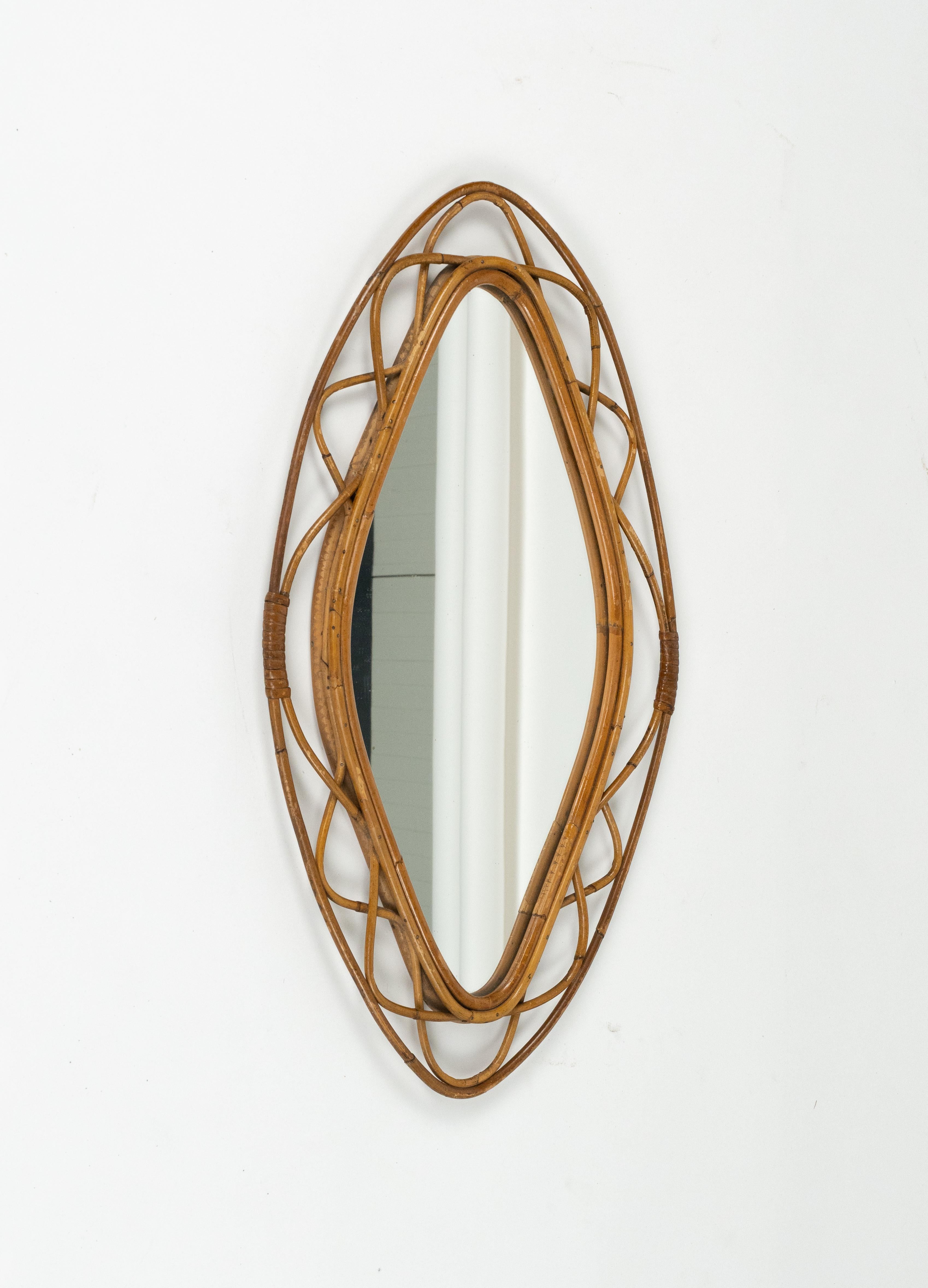 Hand-Crafted Midcentury Bamboo and Rattan Wall Mirror Franco Albini Style, Italy 1960s For Sale