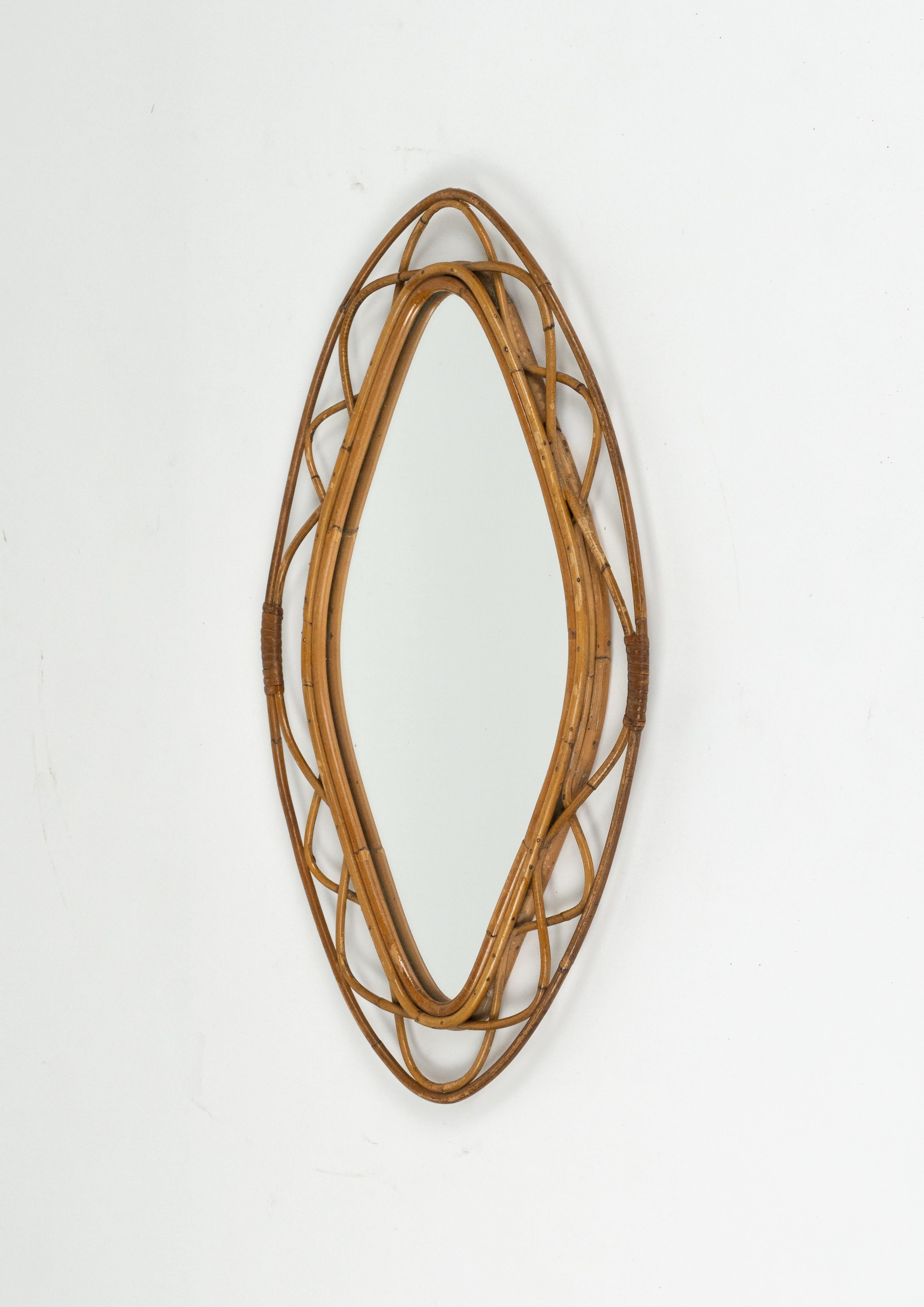 Mid-20th Century Midcentury Bamboo and Rattan Wall Mirror Franco Albini Style, Italy 1960s For Sale