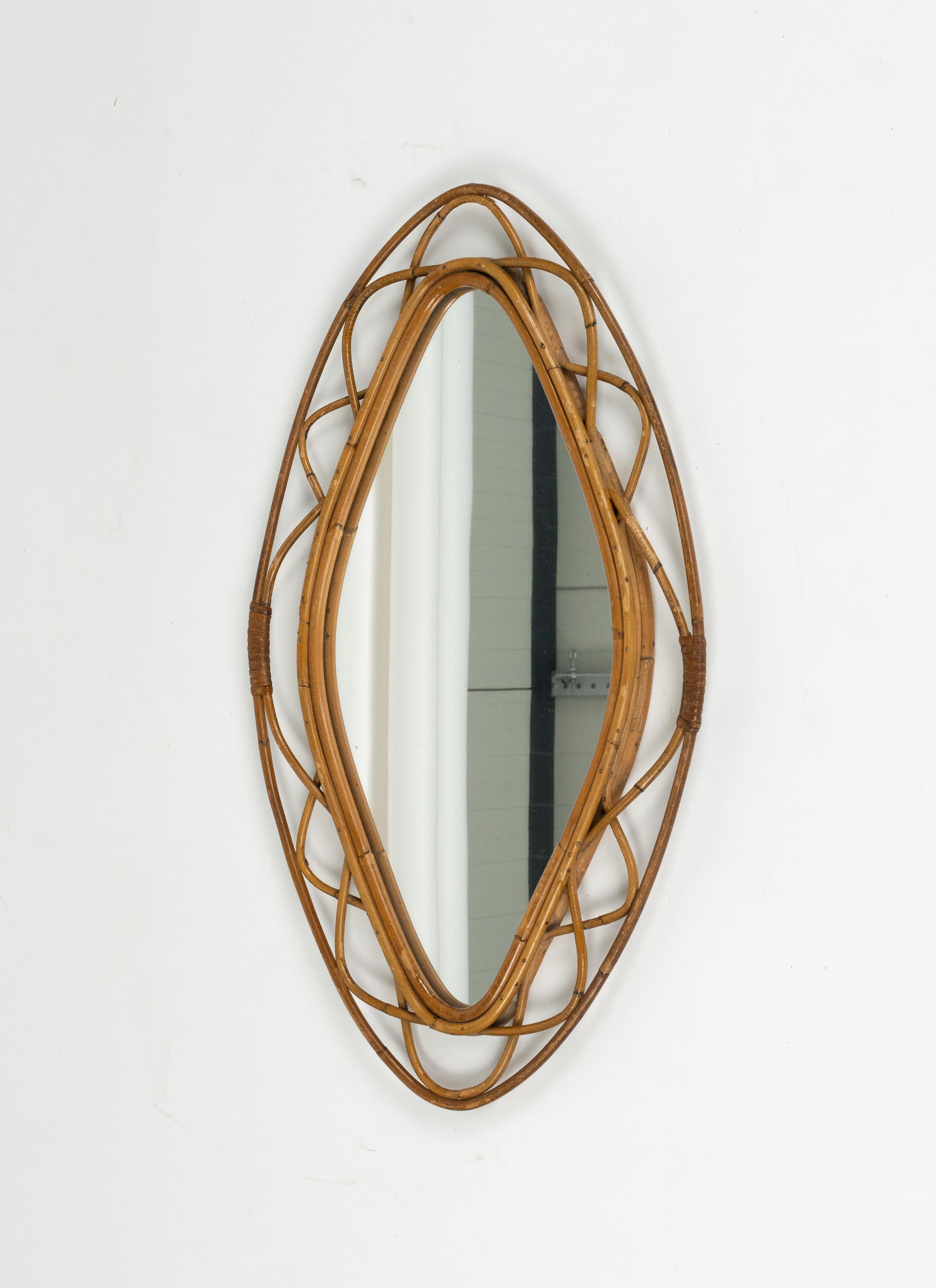Midcentury Bamboo and Rattan Wall Mirror Franco Albini Style, Italy 1960s For Sale 1