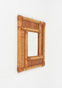Midcentury Bamboo and Rattan Wall Mirror Vivai Del Sud Style, Italy 1970s