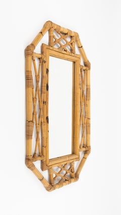 Midcentury Bamboo and Rattan Wall Mirror Vivai Del Sud Style, Italy 1970s