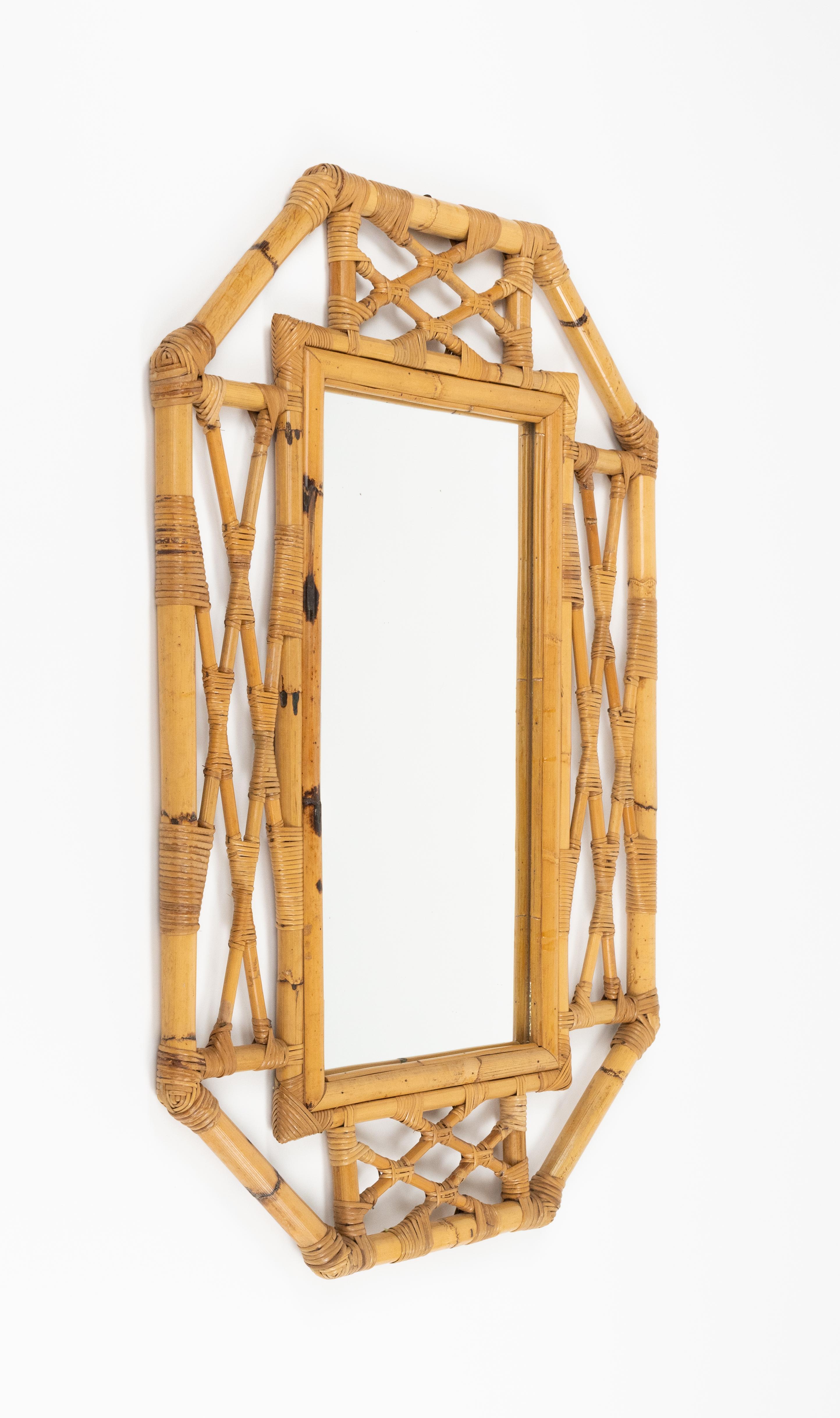 Mid-Century Modern Midcentury Bamboo and Rattan Wall Mirror Vivai Del Sud Style, Italy 1970s For Sale