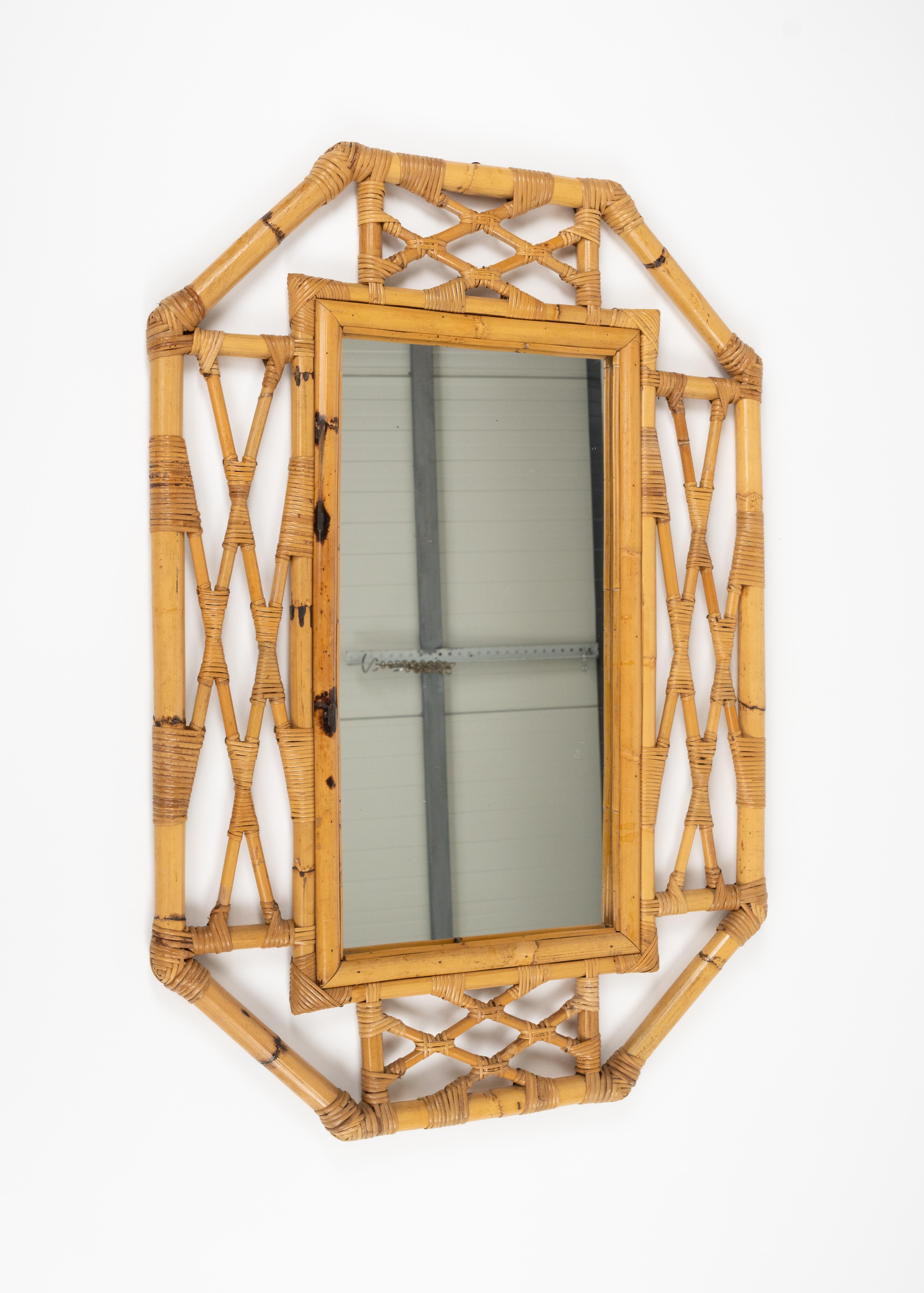 Italian Midcentury Bamboo and Rattan Wall Mirror Vivai Del Sud Style, Italy 1970s For Sale