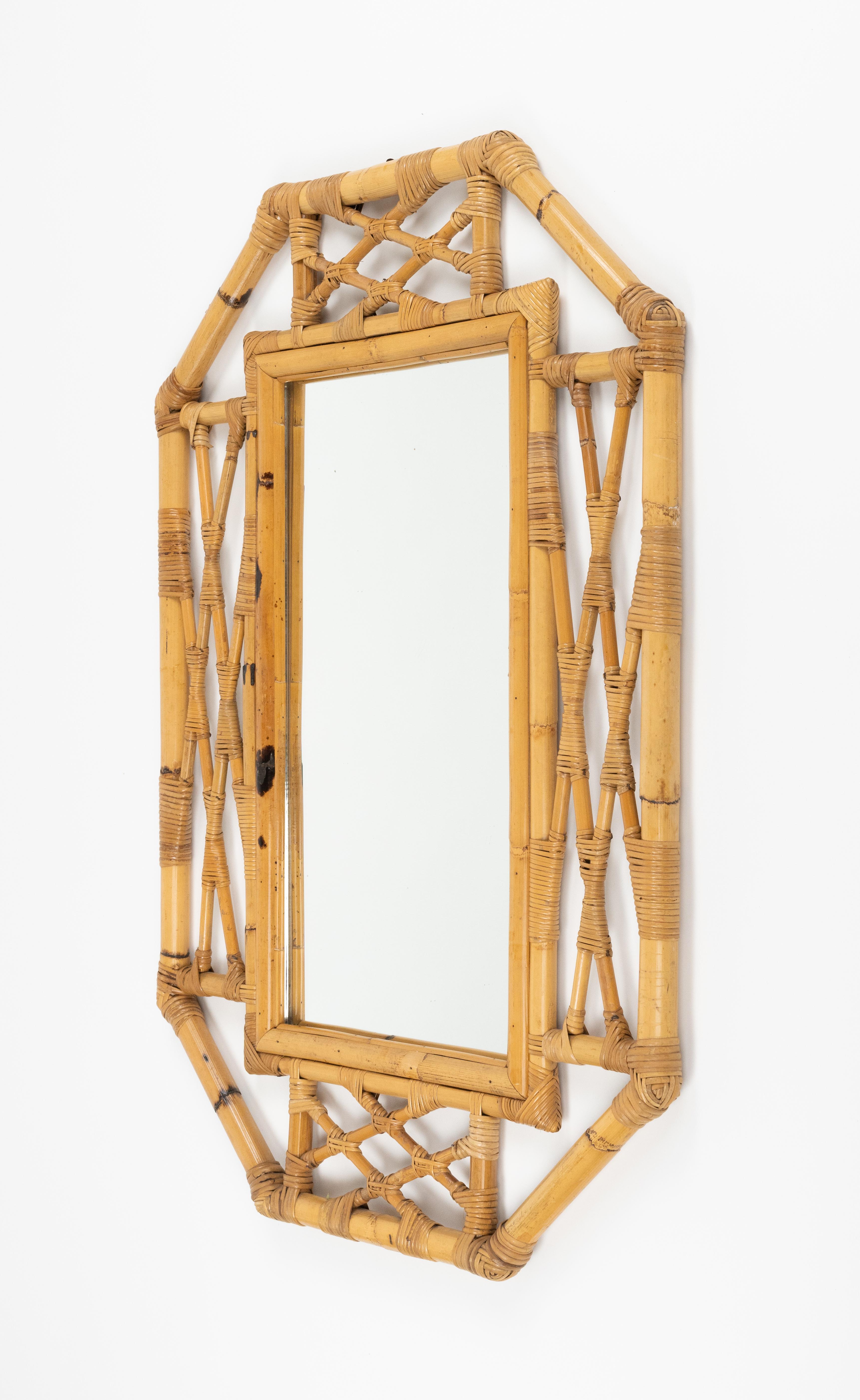 Late 20th Century Midcentury Bamboo and Rattan Wall Mirror Vivai Del Sud Style, Italy 1970s For Sale