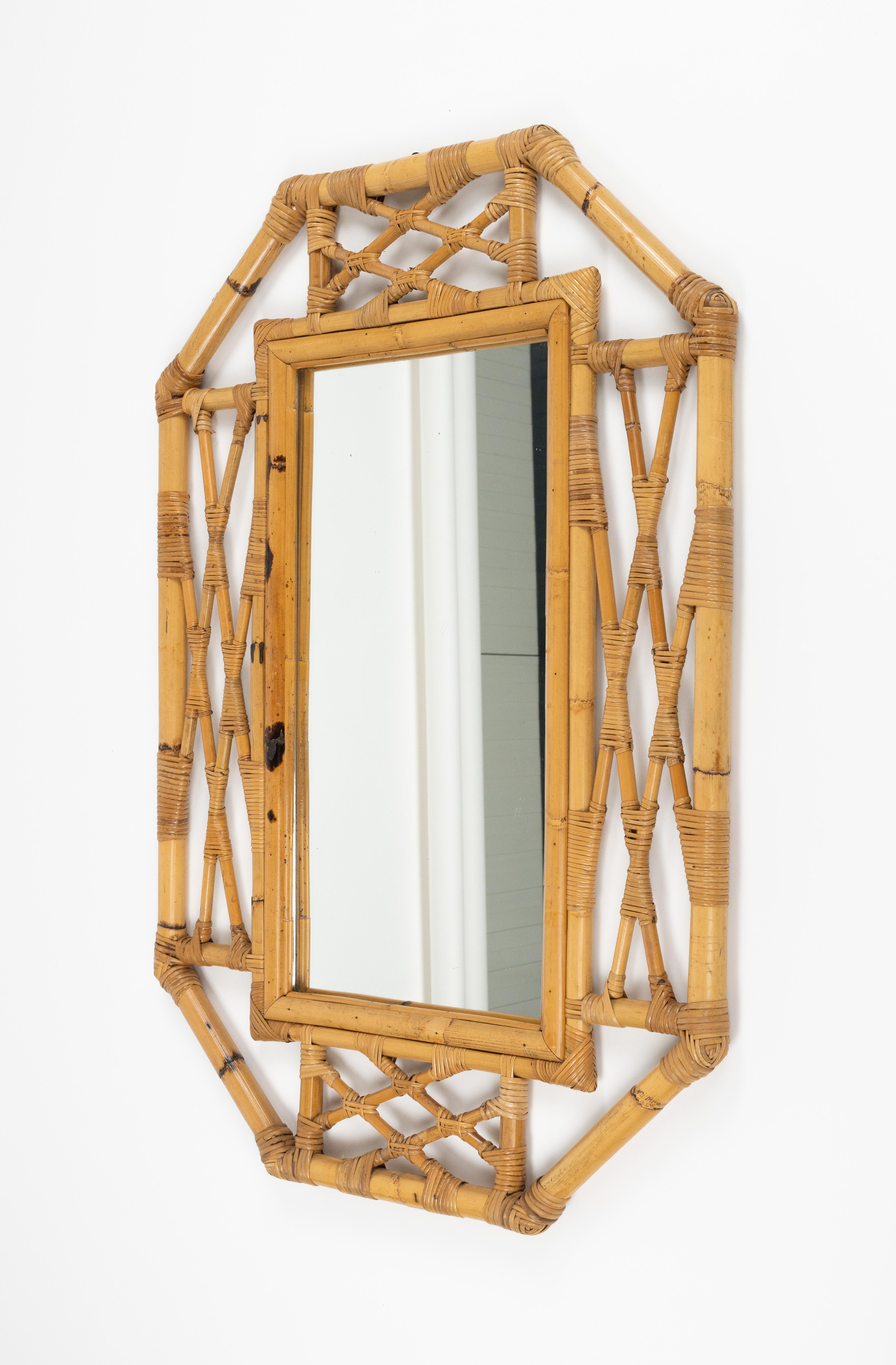 Midcentury Bamboo and Rattan Wall Mirror Vivai Del Sud Style, Italy 1970s For Sale 1