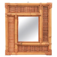 Miroir mural en bambou et rotin de style Vivai Del Sud, Italie, années 1970