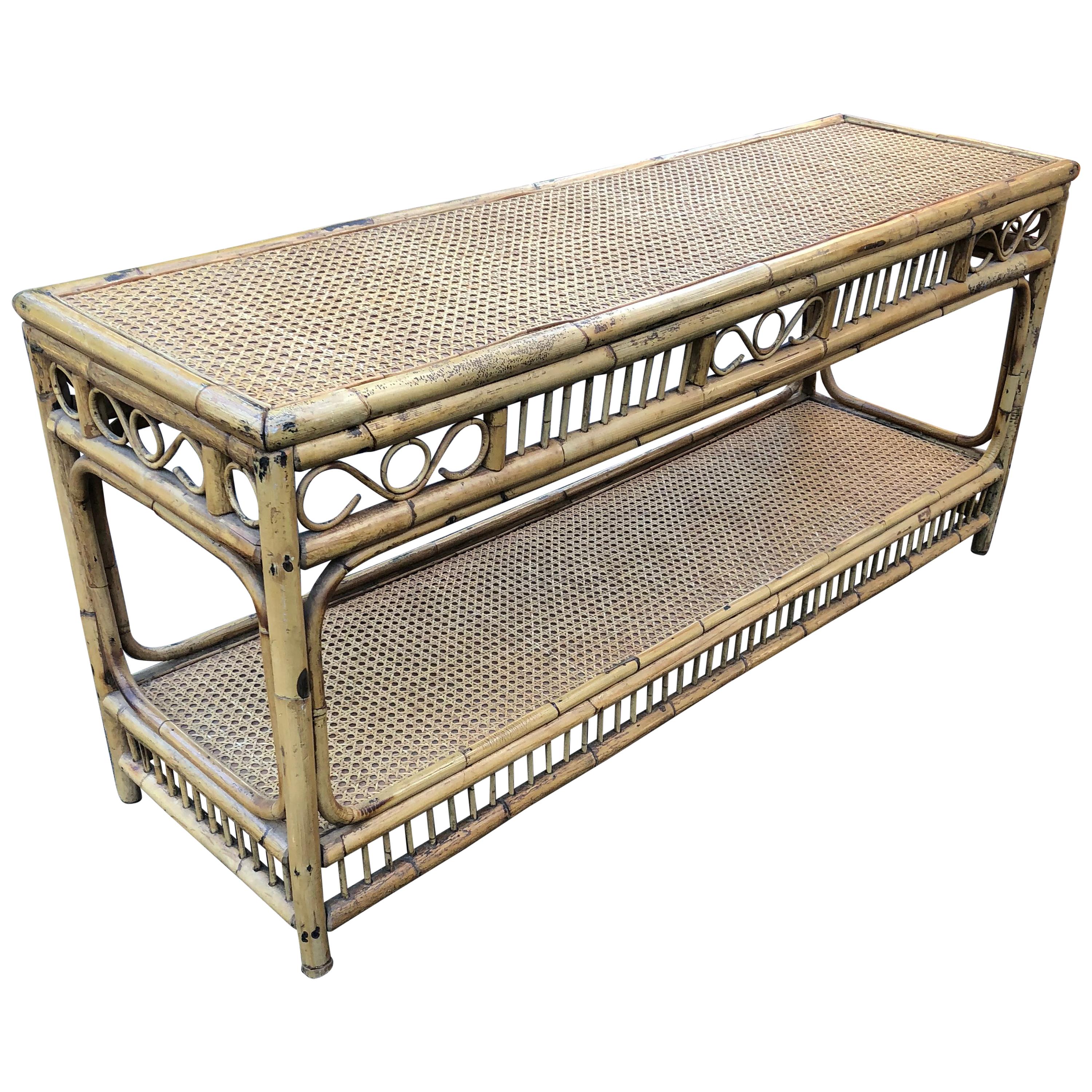 Midcentury Bamboo and Wicker Console Table