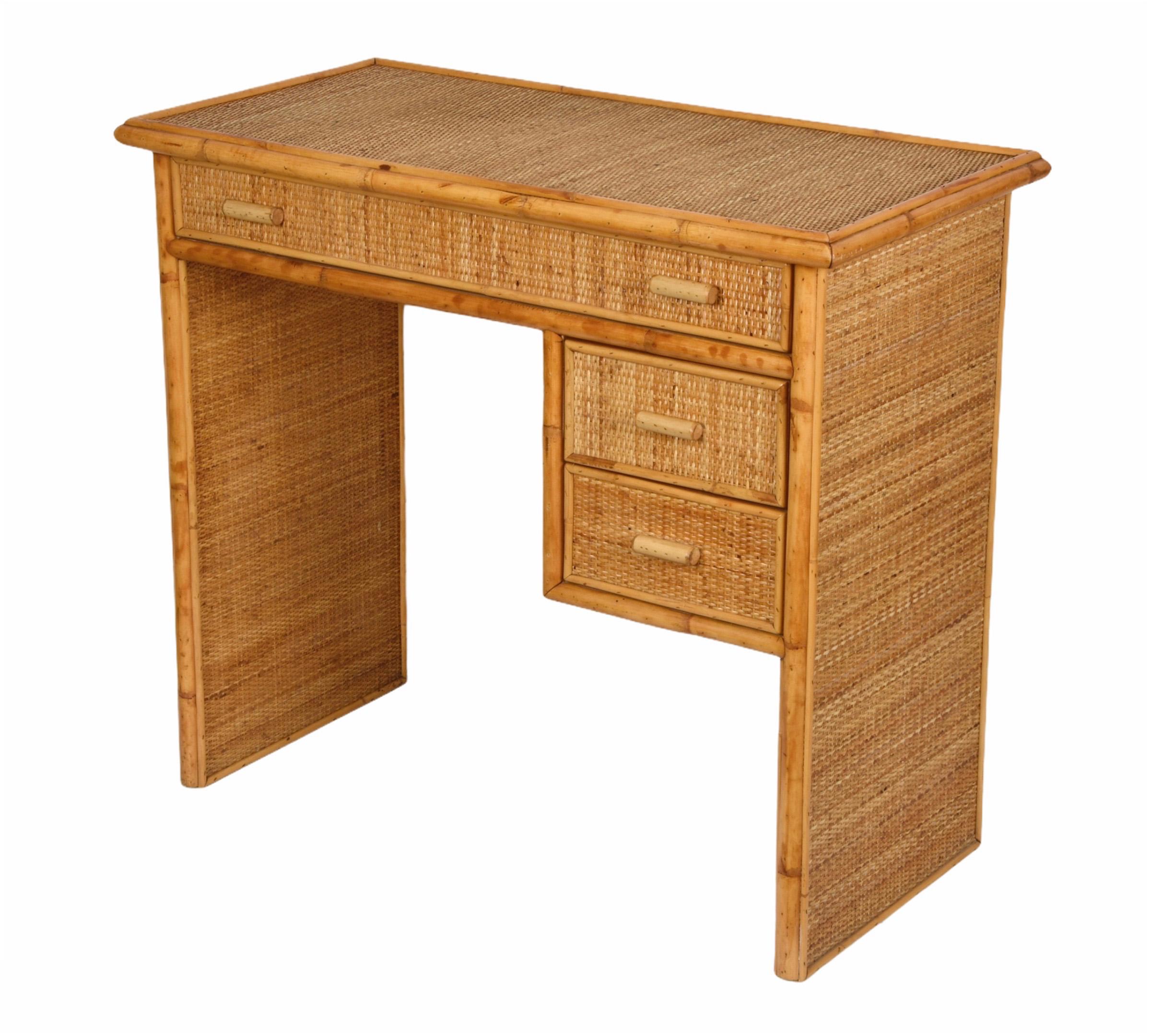 Midcentury Bamboo and Wicker Italian Desk with Drawers, 1980s 4