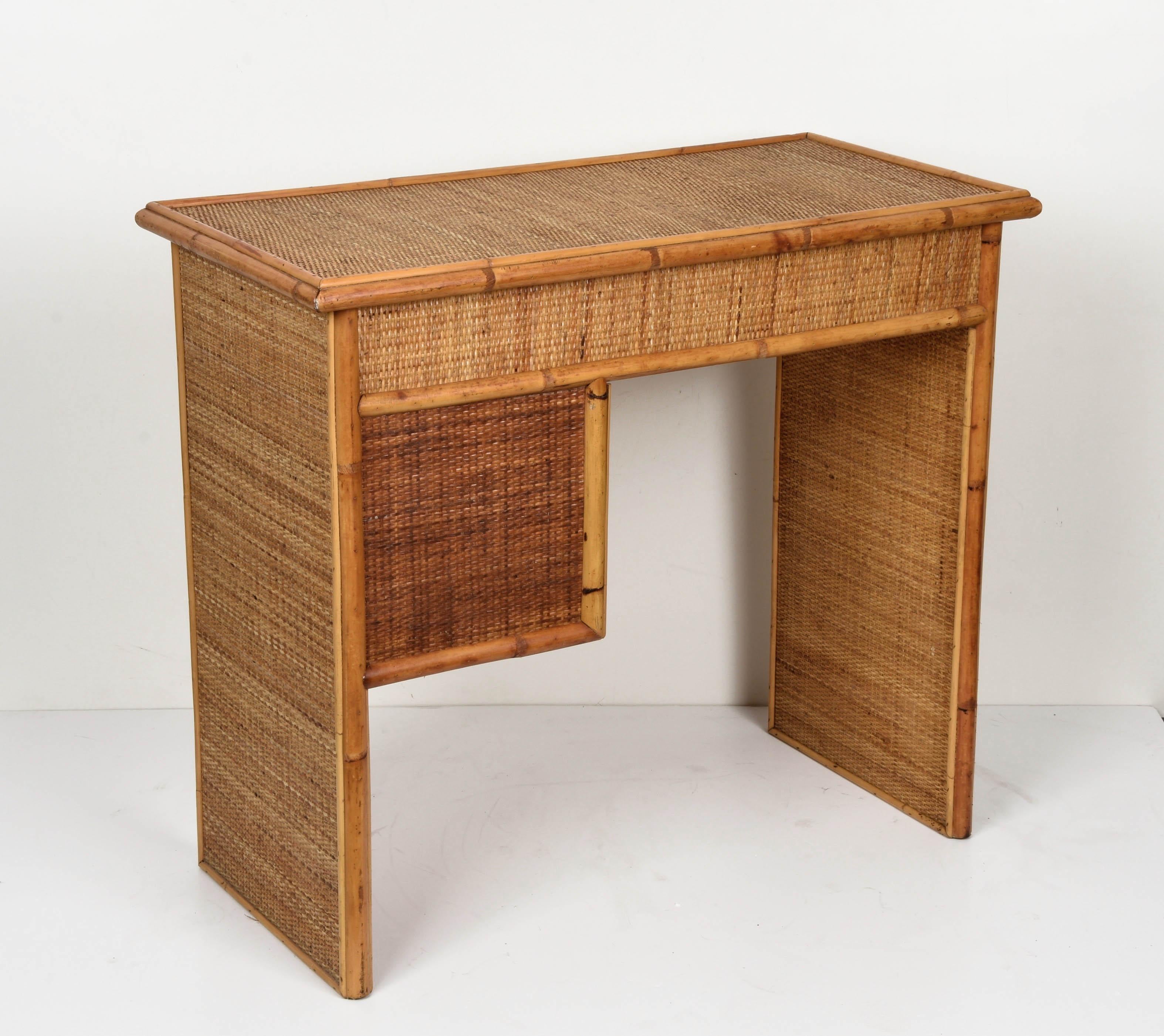 Midcentury Bamboo and Wicker Italian Desk with Drawers, 1980s 7