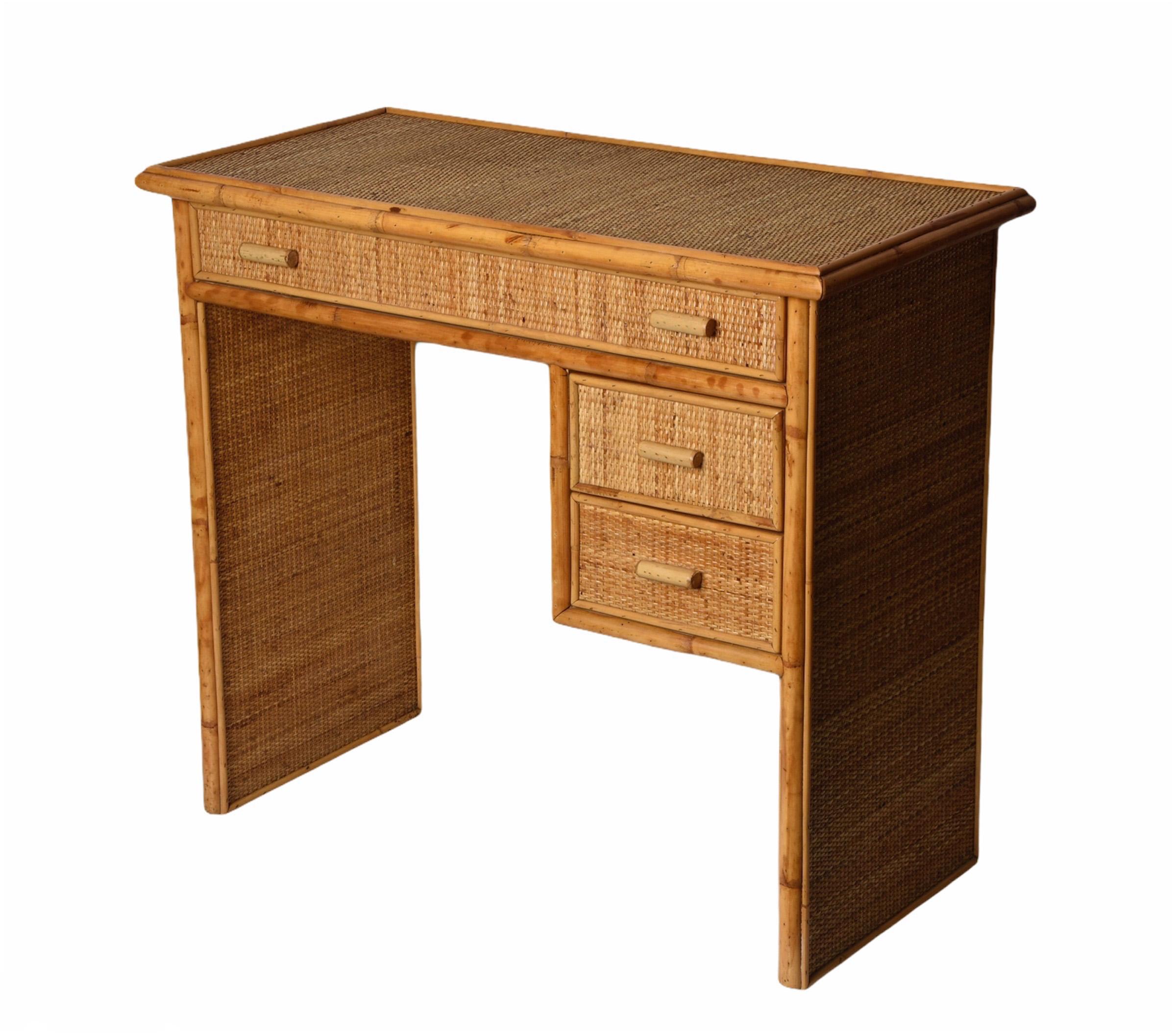 Midcentury Bamboo and Wicker Italian Desk with Drawers, 1980s 9