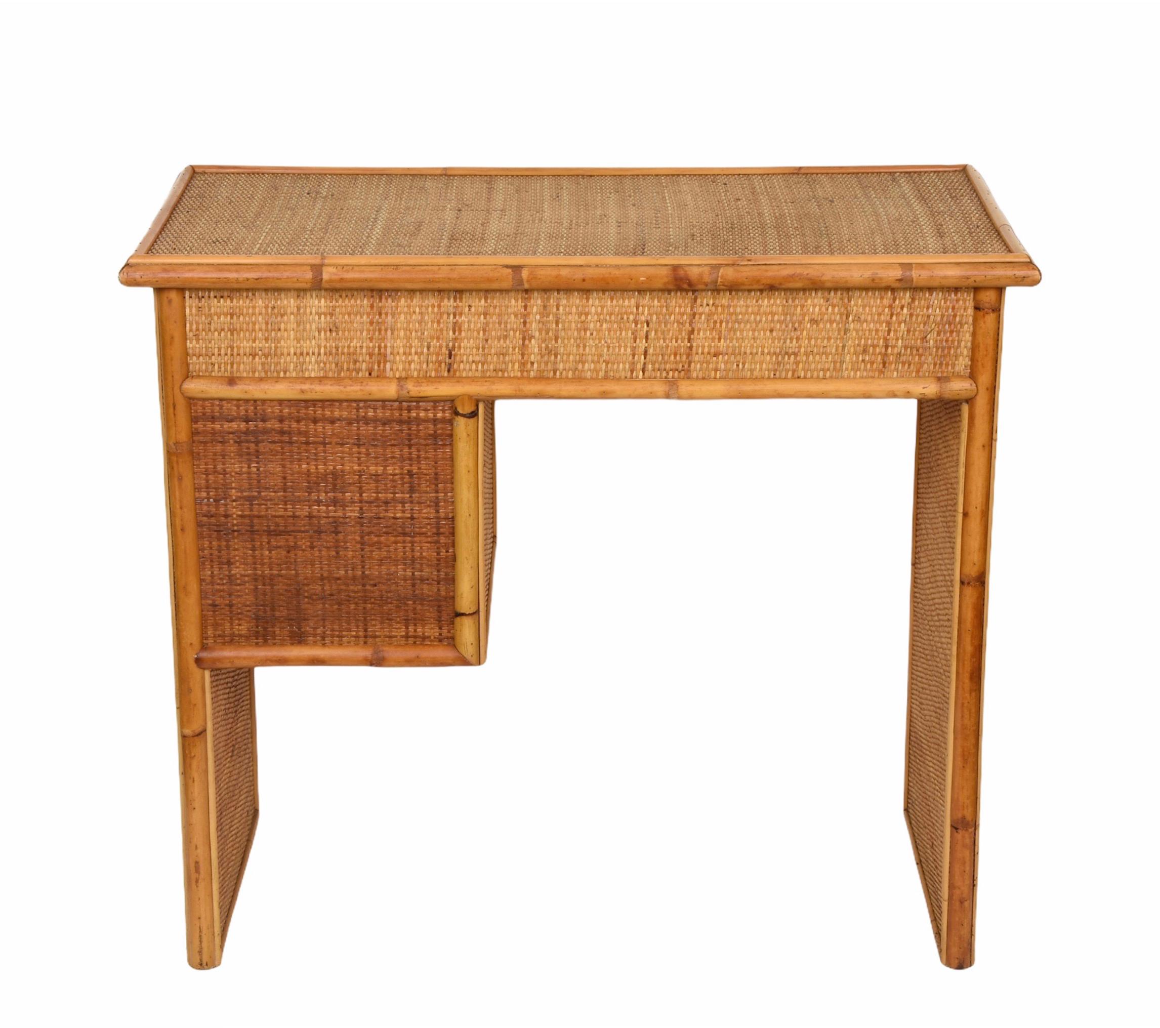 Midcentury Bamboo and Wicker Italian Desk with Drawers, 1980s 11