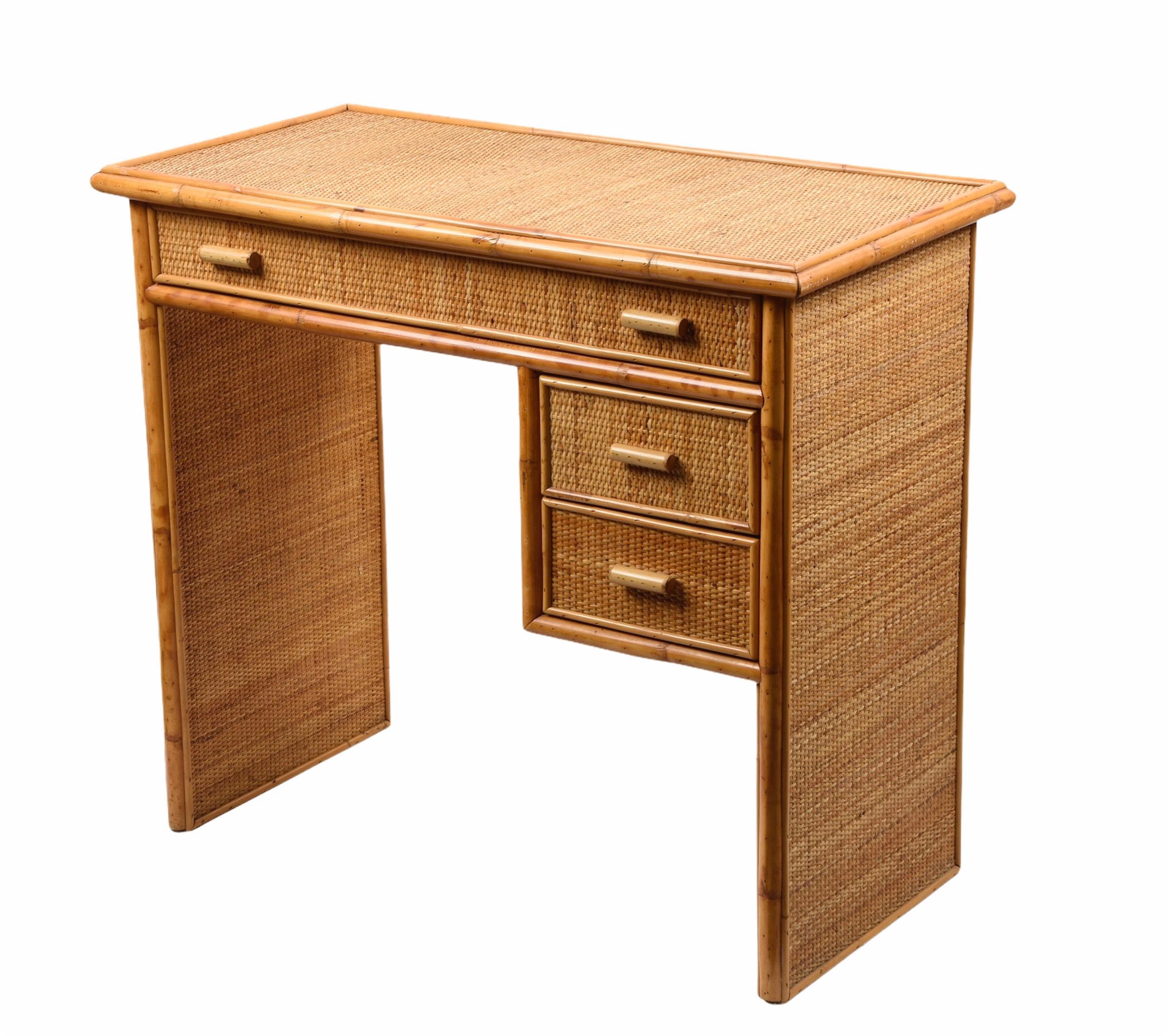 Midcentury Bamboo and Wicker Italian Desk with Drawers, 1980s 12