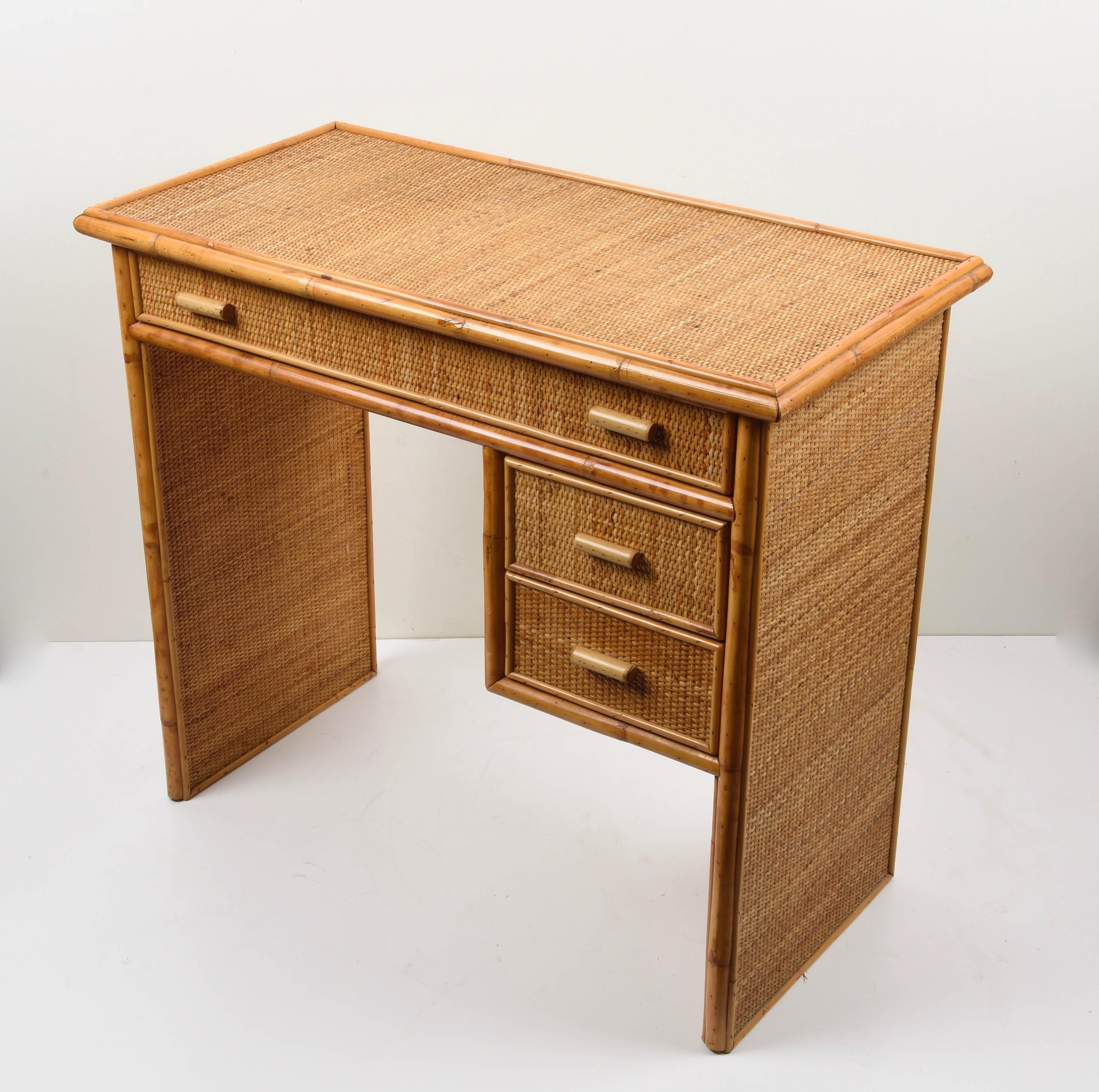 Midcentury Bamboo and Wicker Italian Desk with Drawers, 1980s 1
