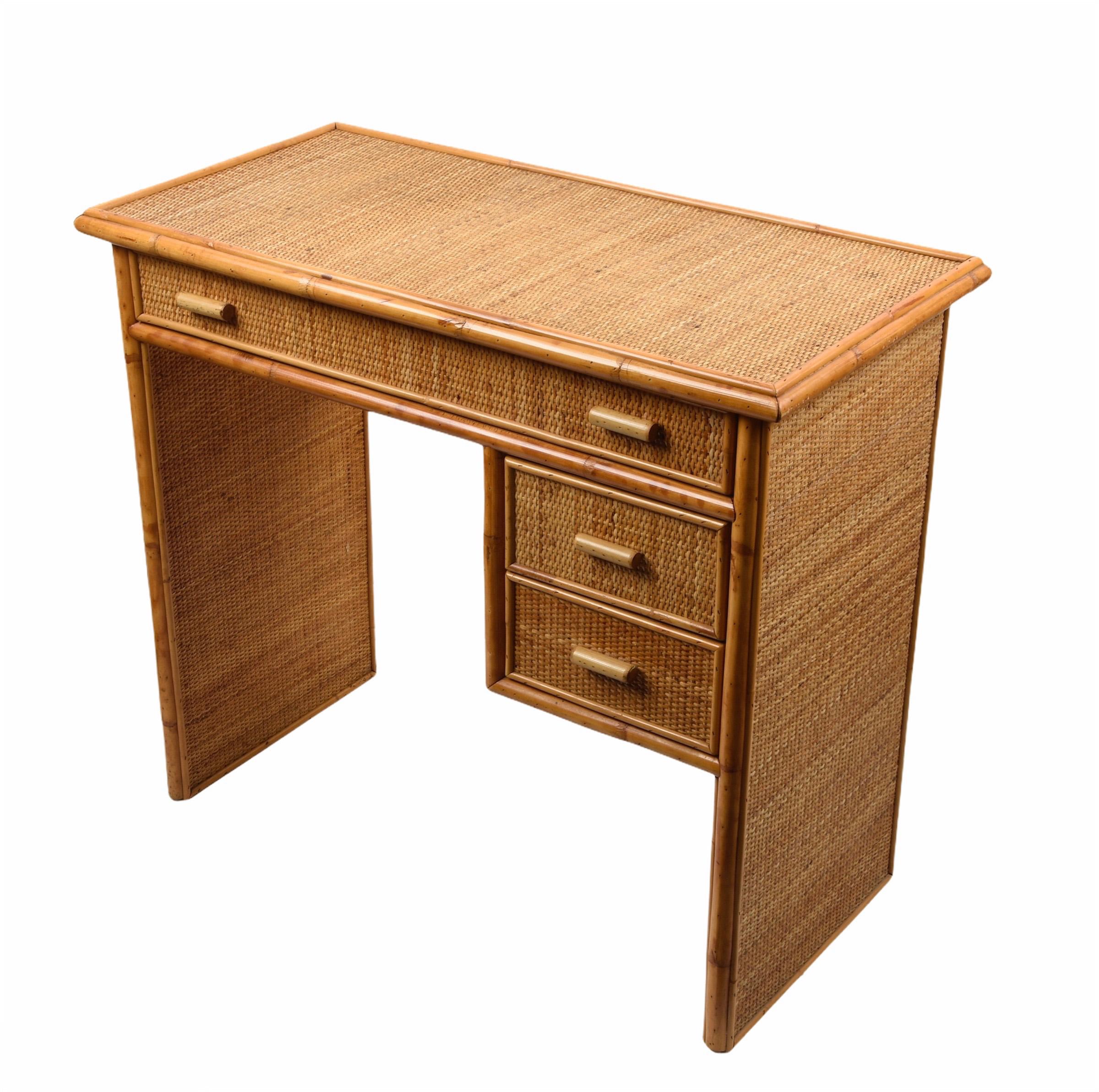 Midcentury Bamboo and Wicker Italian Desk with Drawers, 1980s 2
