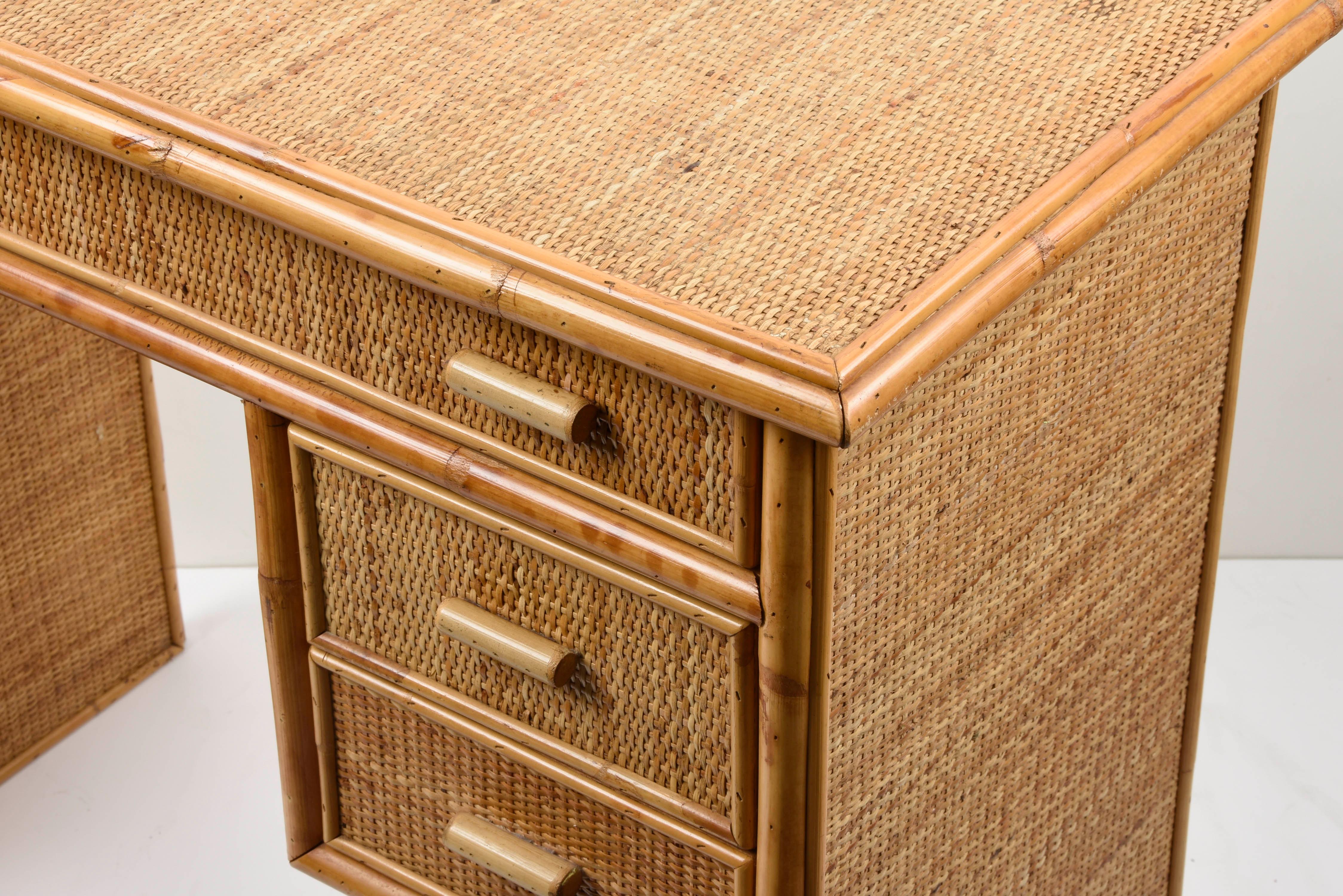 Midcentury Bamboo and Wicker Italian Desk with Drawers, 1980s 3