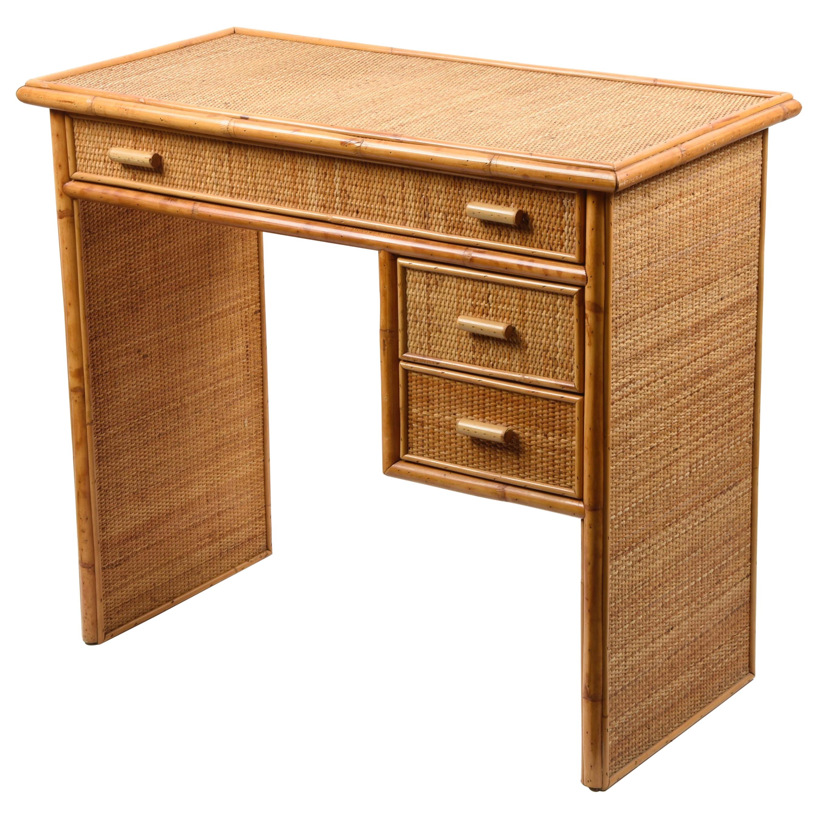 Midcentury Bamboo and Wicker Italian Desk with Drawers, 1980s