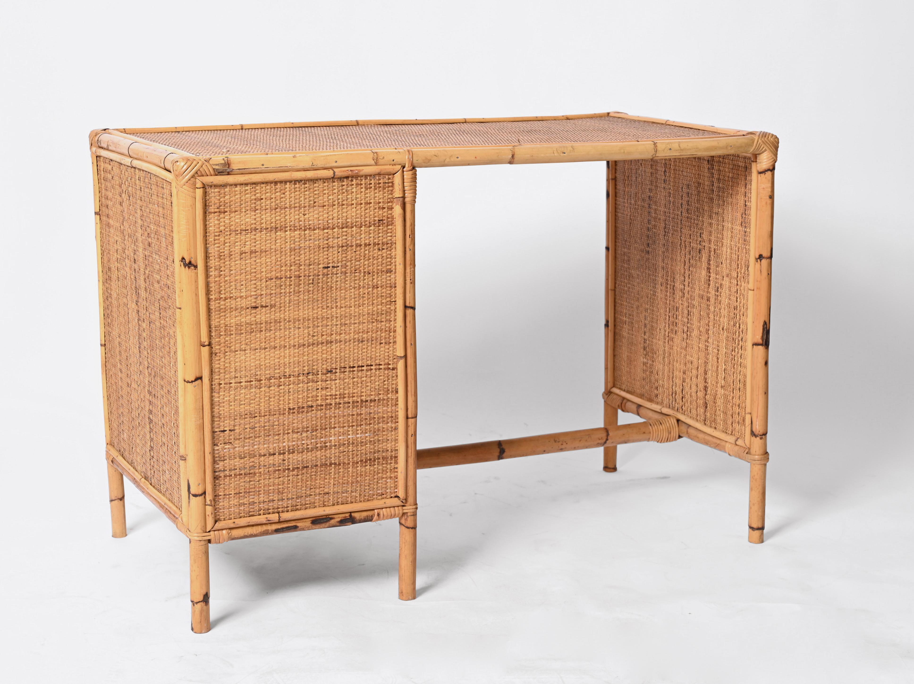Mid-Century Bamboo and Wicker Italian Desk with Drawers, Italy, 1980s 3