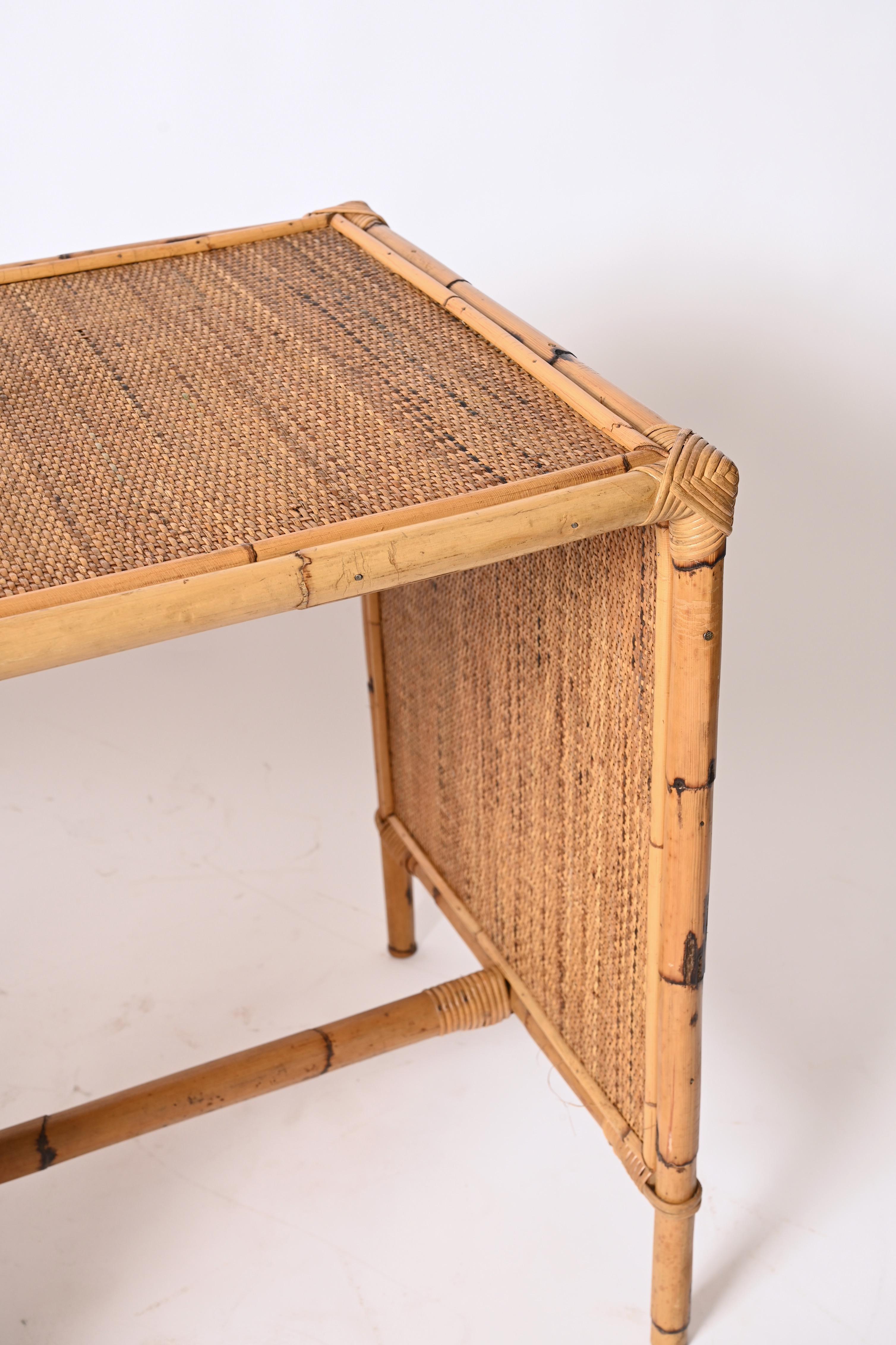 Mid-Century Bamboo and Wicker Italian Desk with Drawers, Italy, 1980s 4