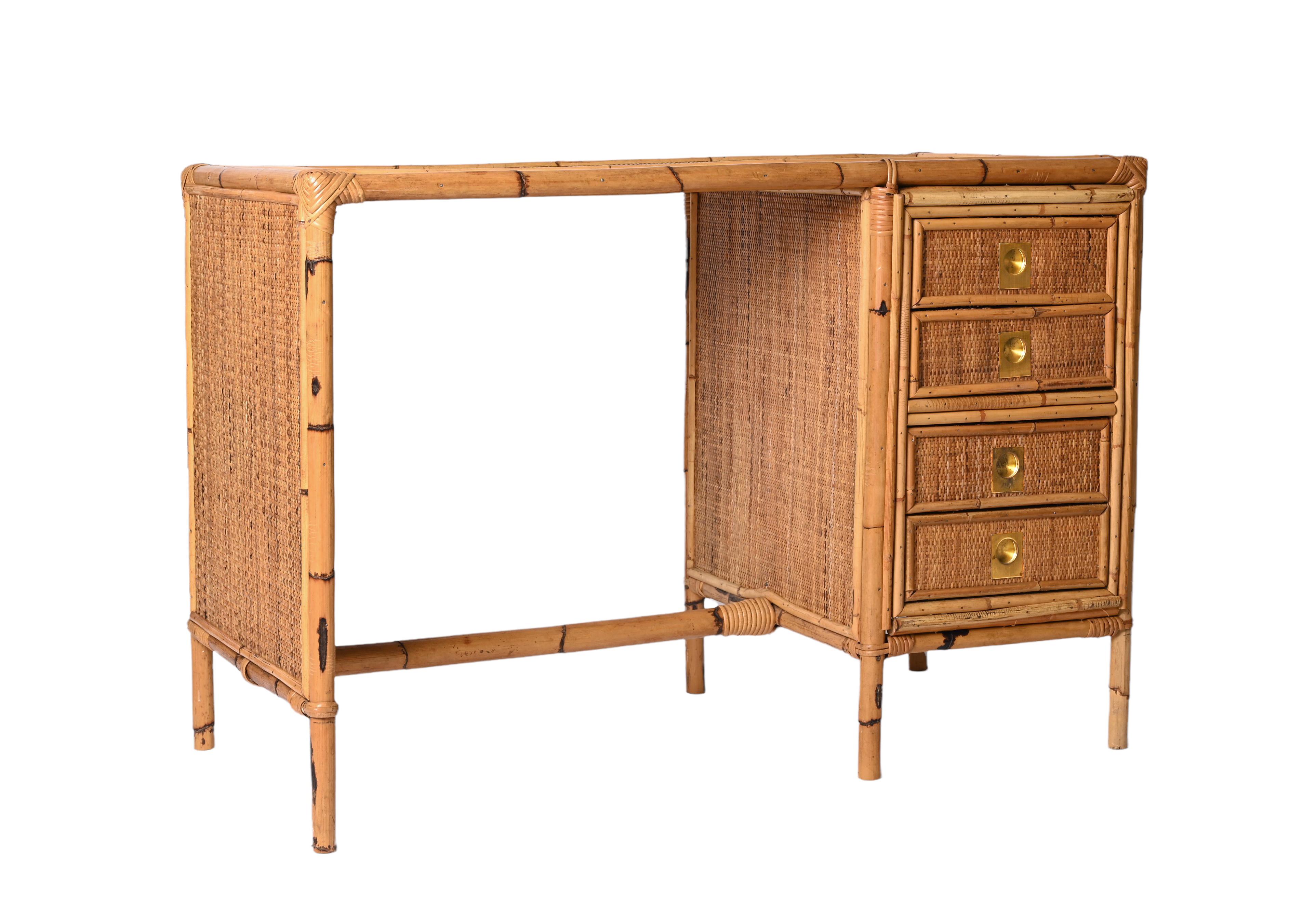 Mid-Century Bamboo and Wicker Italian Desk with Drawers, Italy, 1980s 5