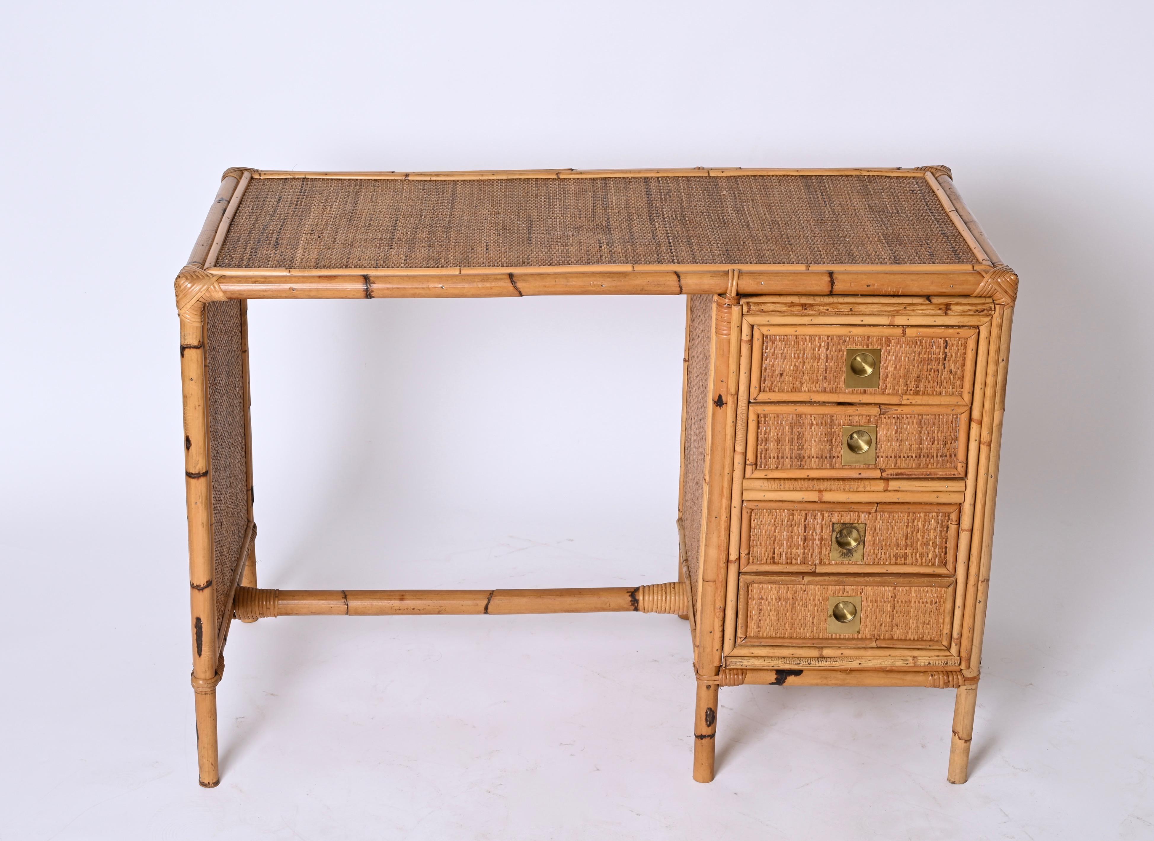 Mid-Century Bamboo and Wicker Italian Desk with Drawers, Italy, 1980s 6