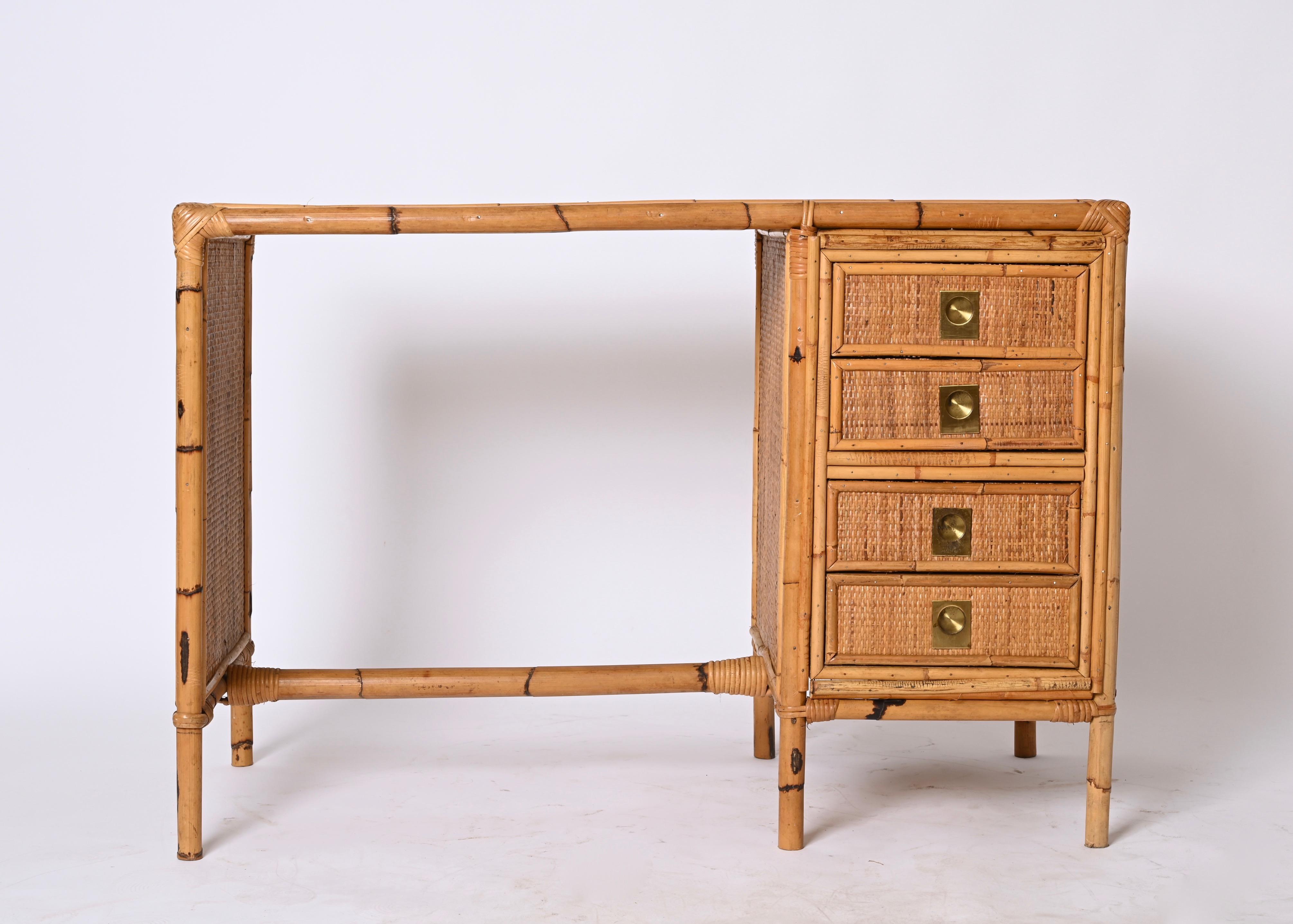 Mid-Century Bamboo and Wicker Italian Desk with Drawers, Italy, 1980s 7