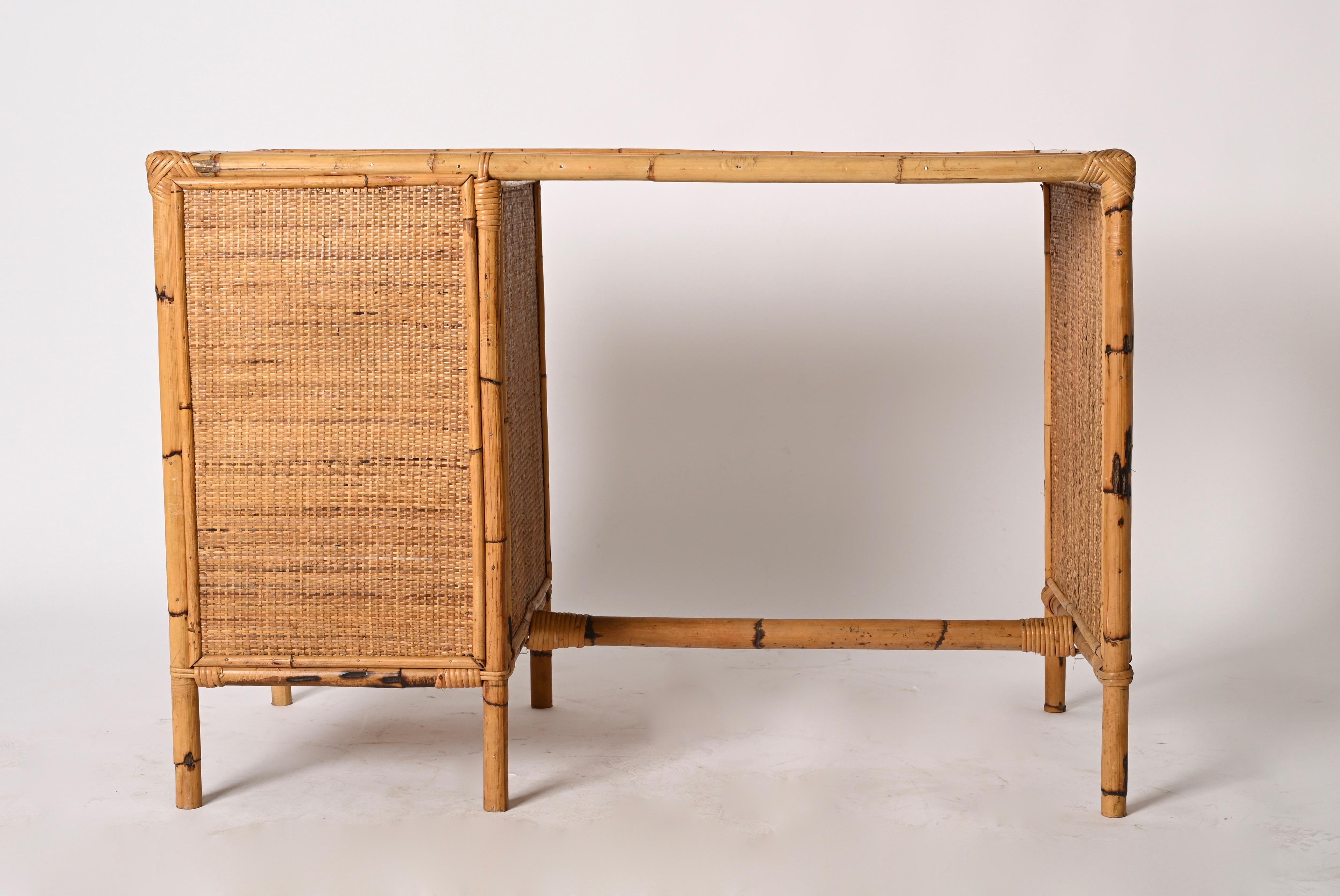 Mid-Century Bamboo and Wicker Italian Desk with Drawers, Italy, 1980s 8