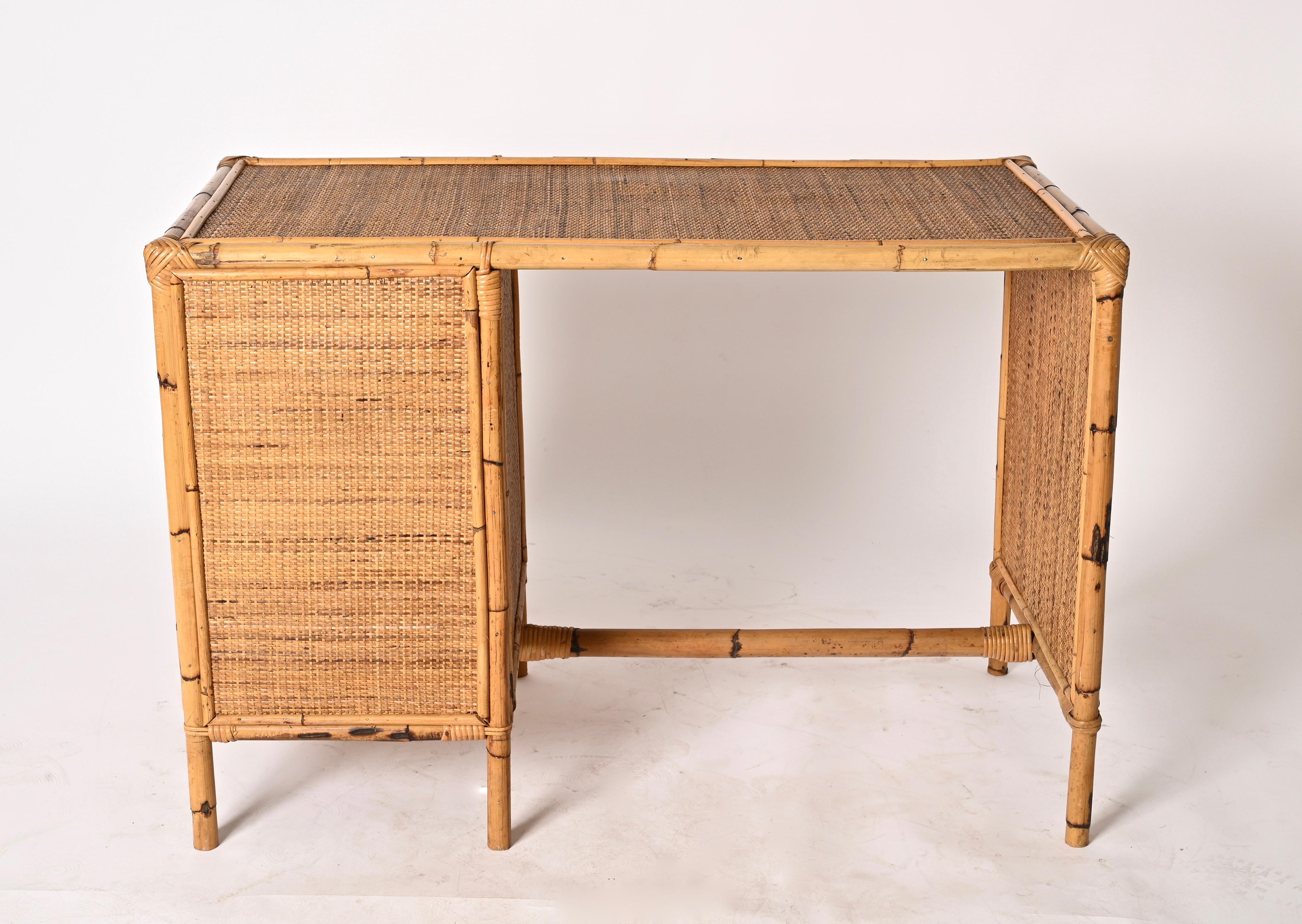 Mid-Century Bamboo and Wicker Italian Desk with Drawers, Italy, 1980s 10