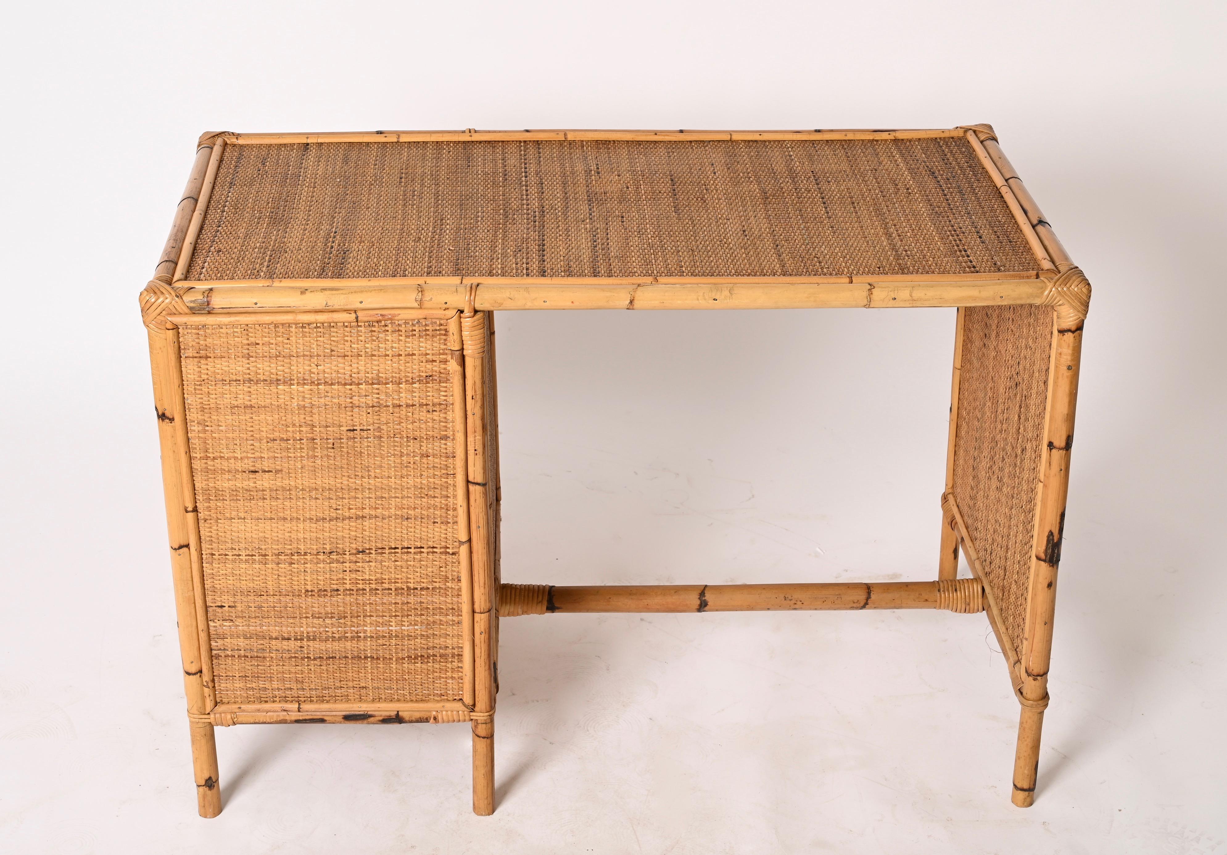 Mid-Century Bamboo and Wicker Italian Desk with Drawers, Italy, 1980s 11