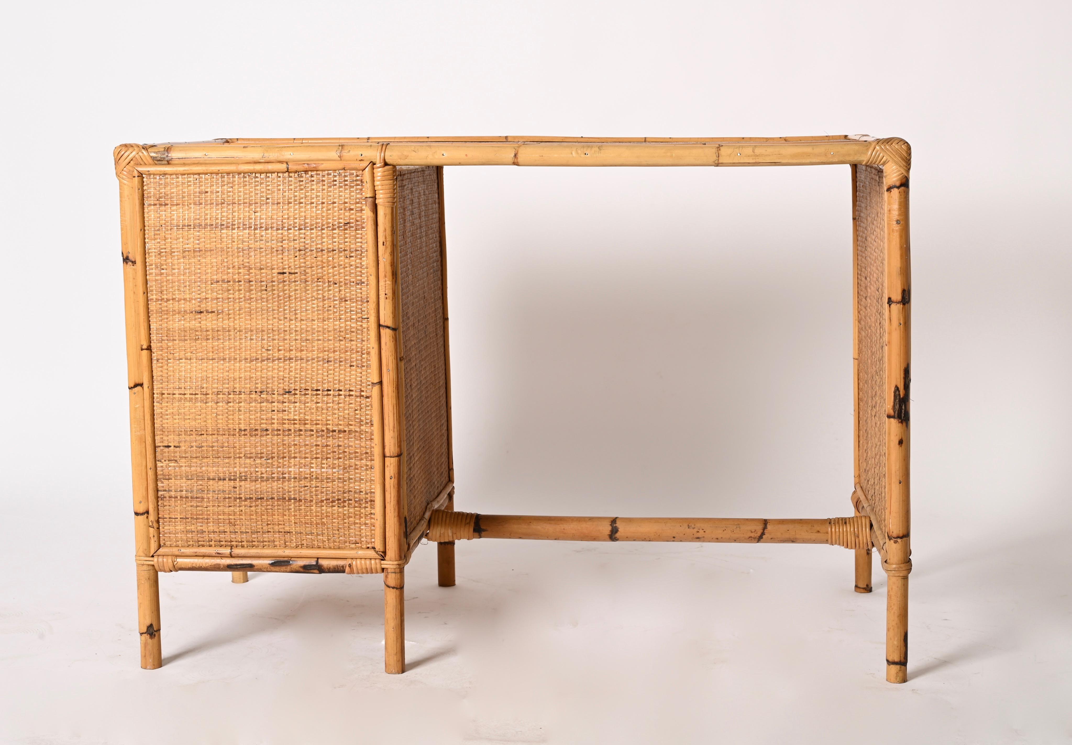 Mid-Century Bamboo and Wicker Italian Desk with Drawers, Italy, 1980s 12