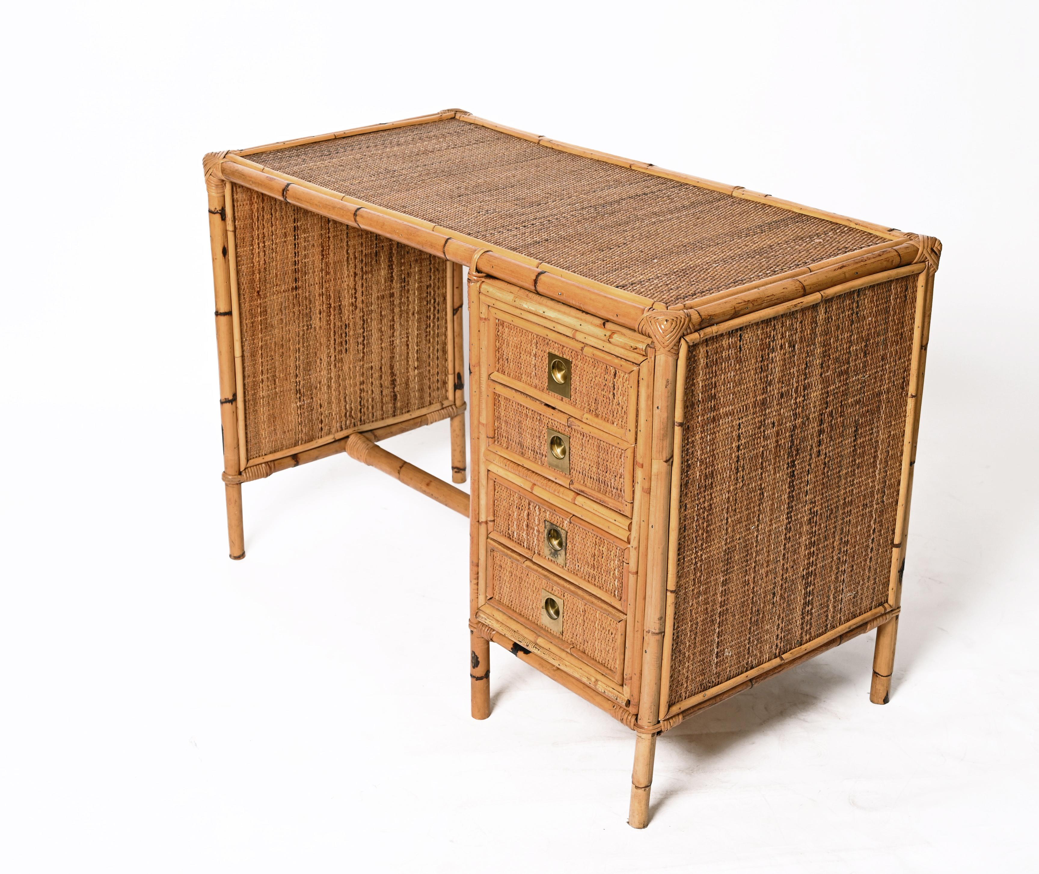 Mid-Century Modern Mid-Century Bamboo and Wicker Italian Desk with Drawers, Italy, 1980s