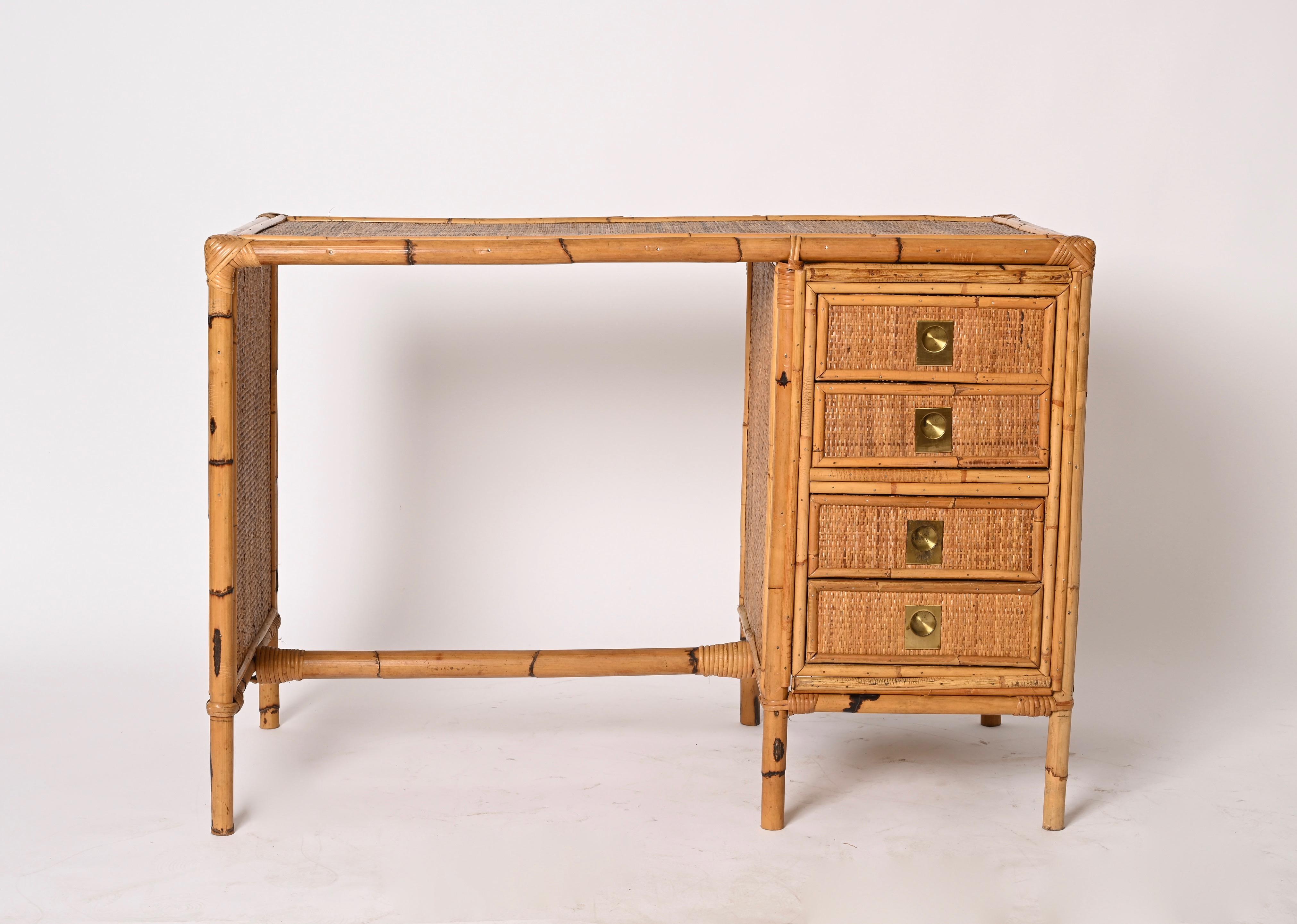 20th Century Mid-Century Bamboo and Wicker Italian Desk with Drawers, Italy, 1980s