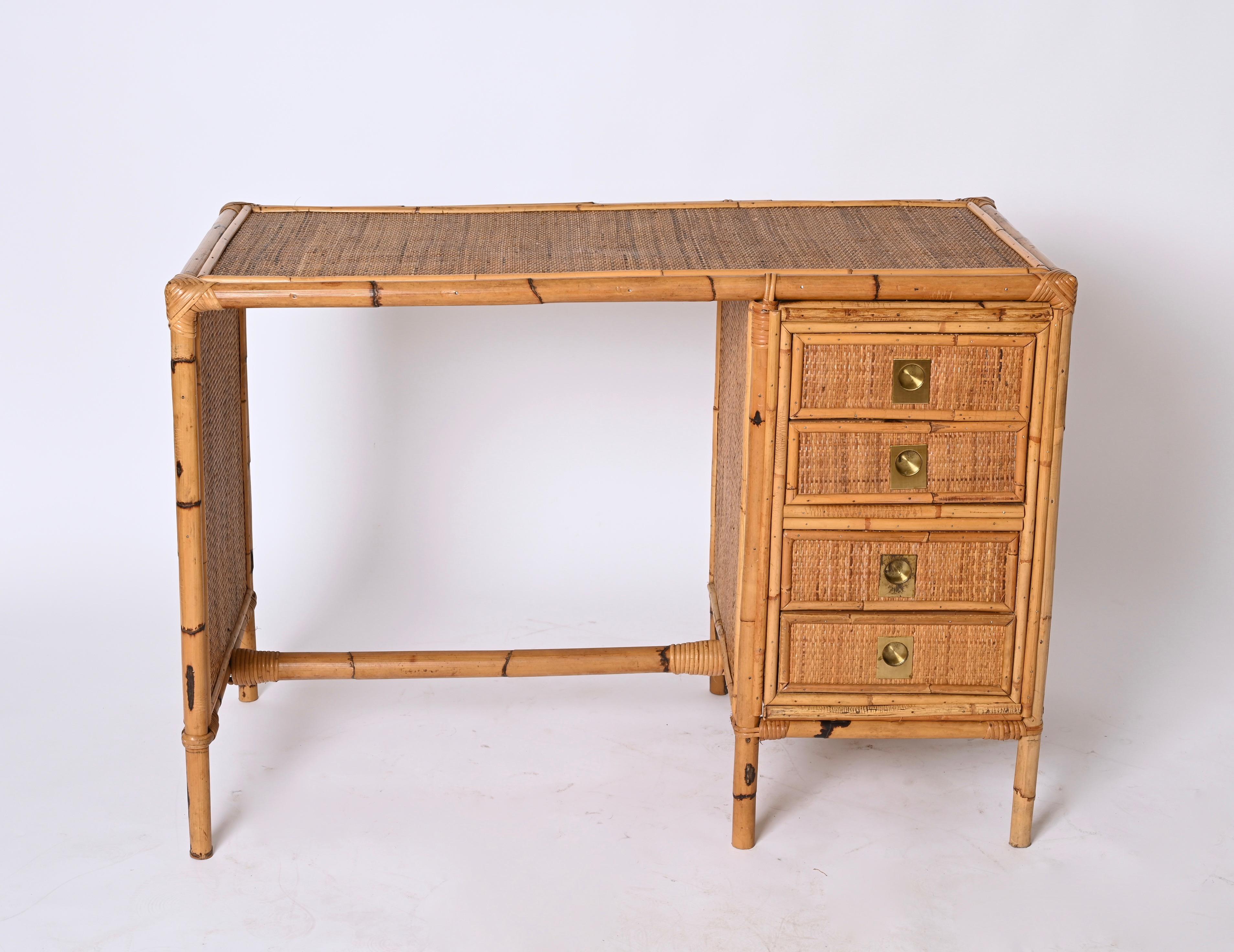 Wood Mid-Century Bamboo and Wicker Italian Desk with Drawers, Italy, 1980s