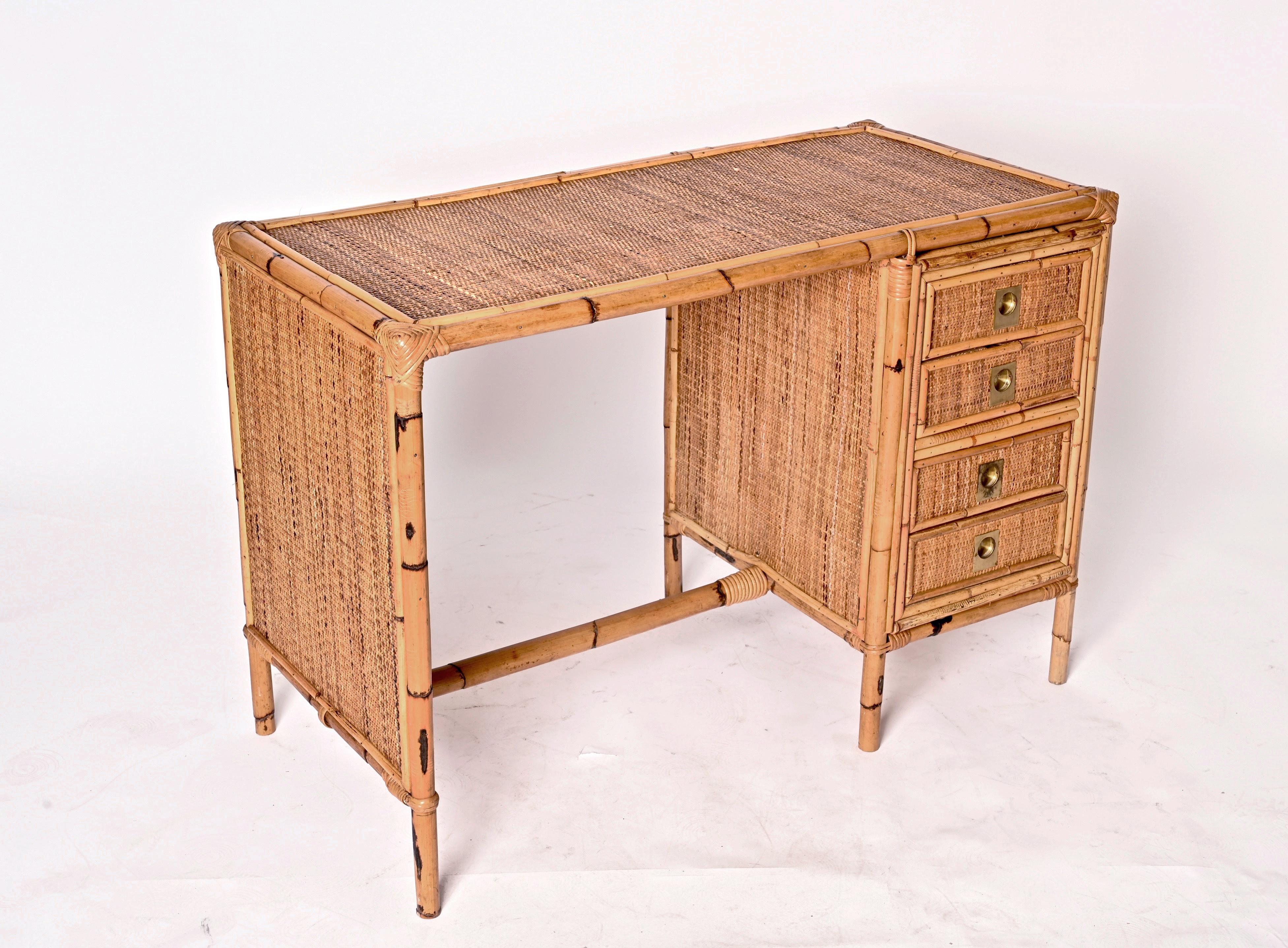 Mid-Century Bamboo and Wicker Italian Desk with Drawers, Italy, 1980s 1