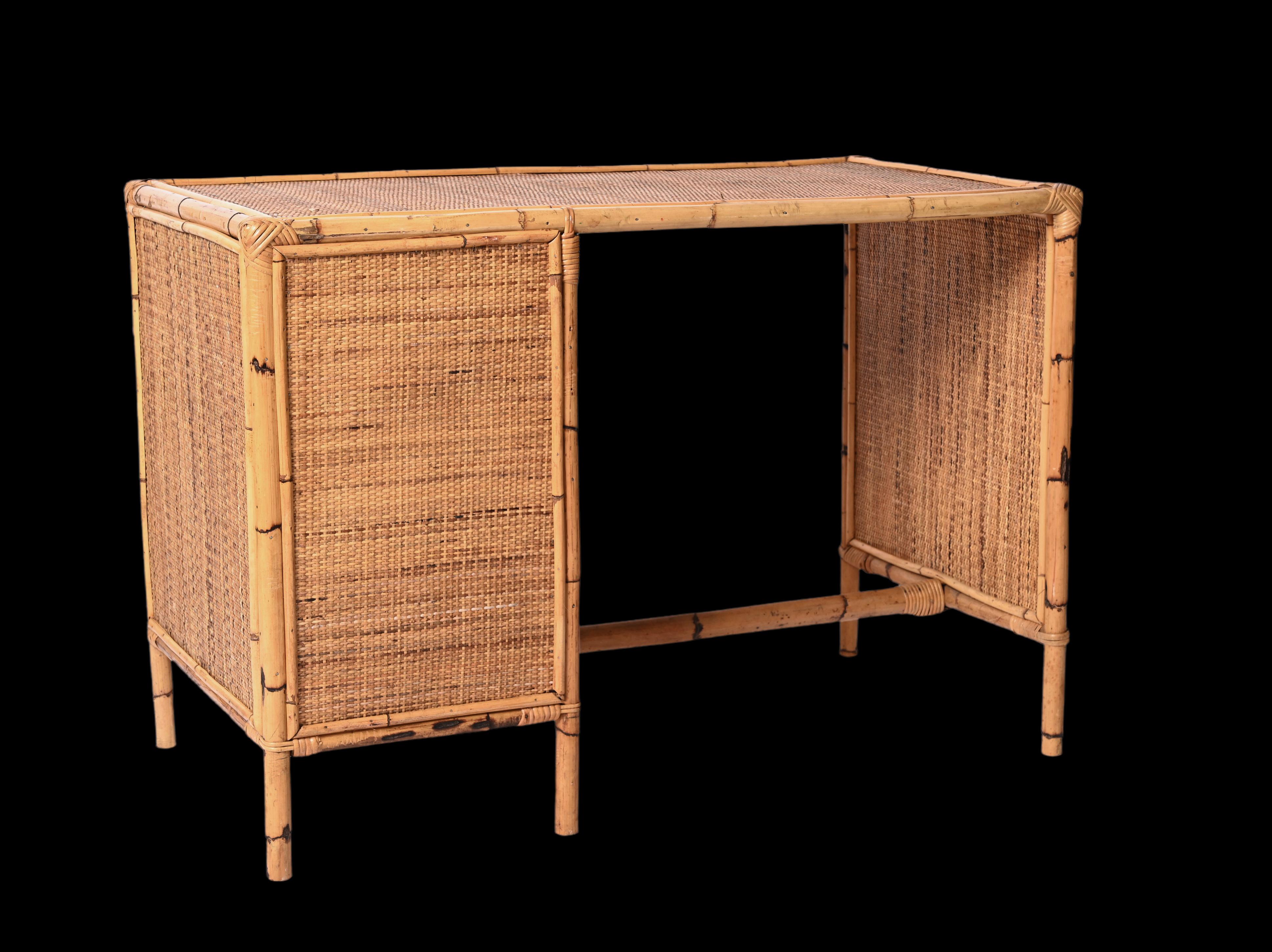 Mid-Century Bamboo and Wicker Italian Desk with Drawers, Italy, 1980s 2