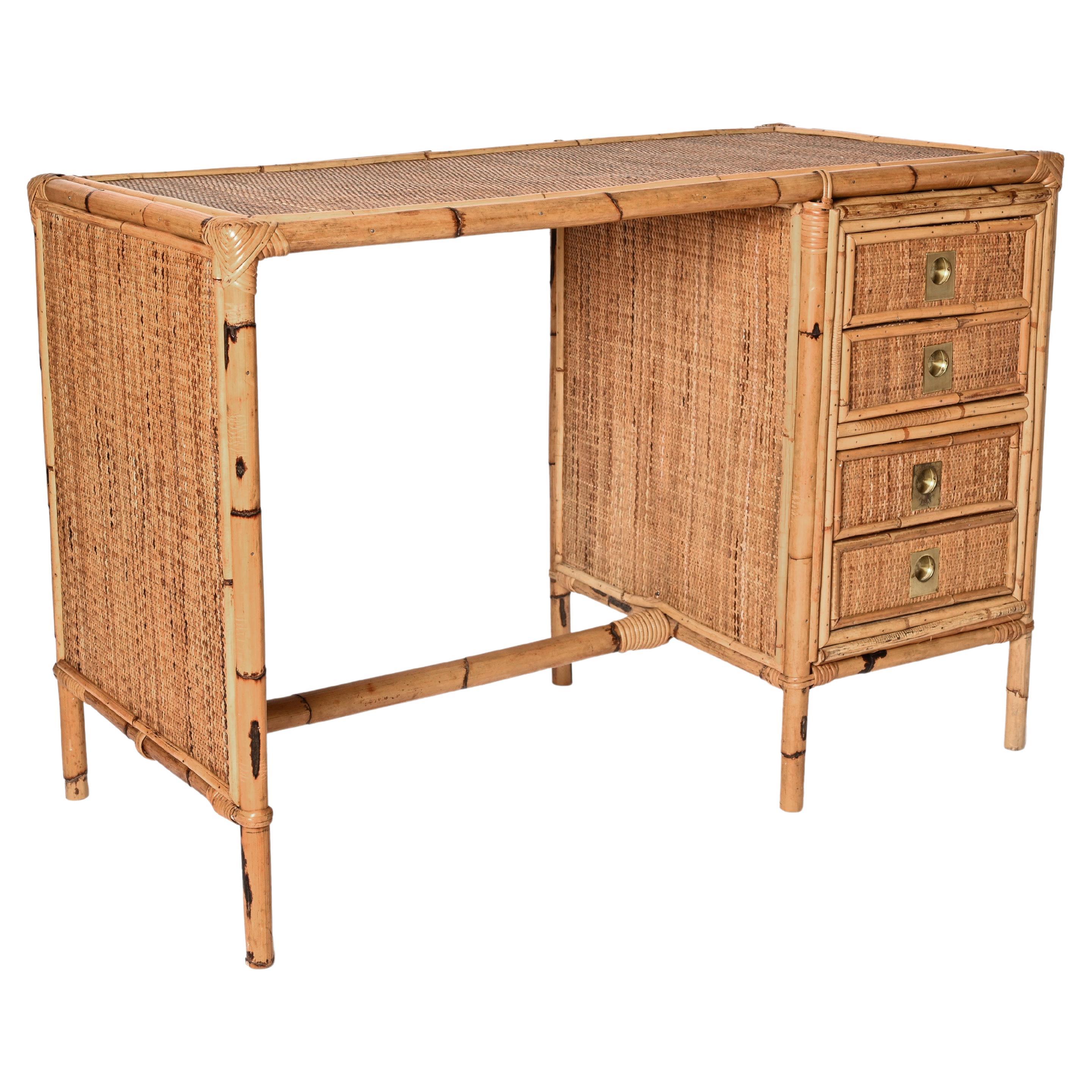 Mid-Century Bamboo and Wicker Italian Desk with Drawers, Italy, 1980s