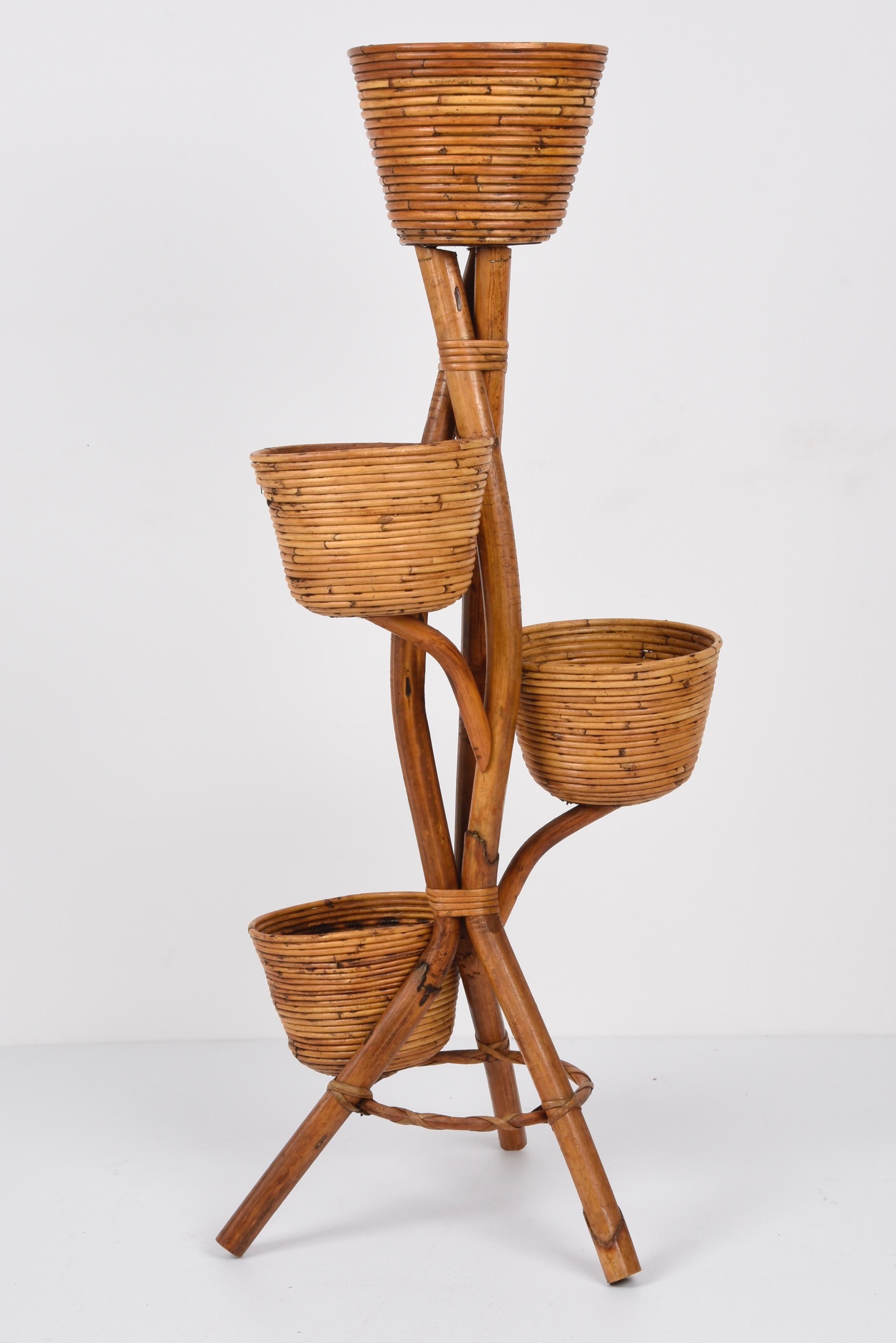Mid-Century Modern Midcentury Bamboo and Wicker Italian Four-Levelled Planter, 1950s