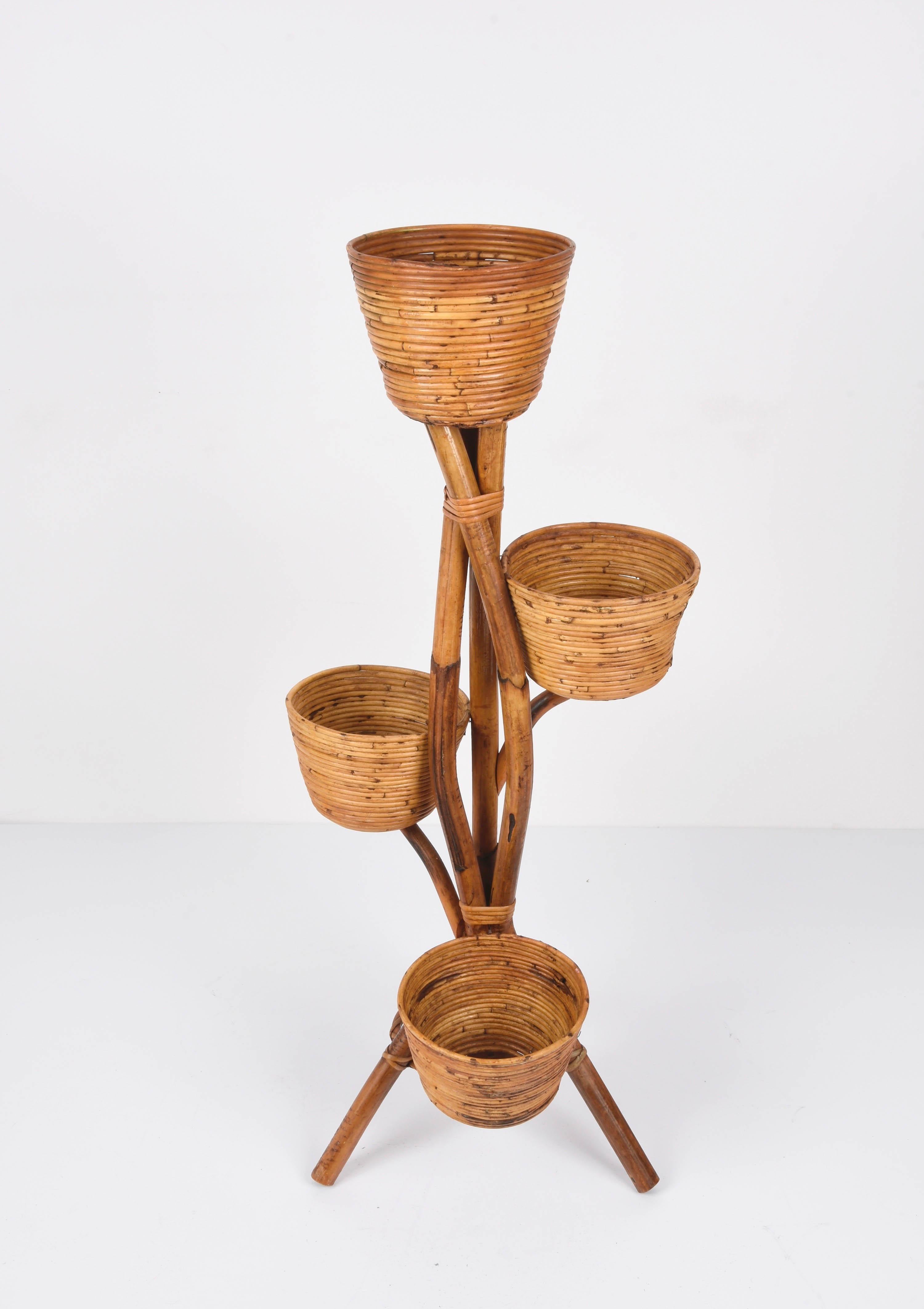 European Midcentury Bamboo and Wicker Italian Four-Levelled Planter, 1950s