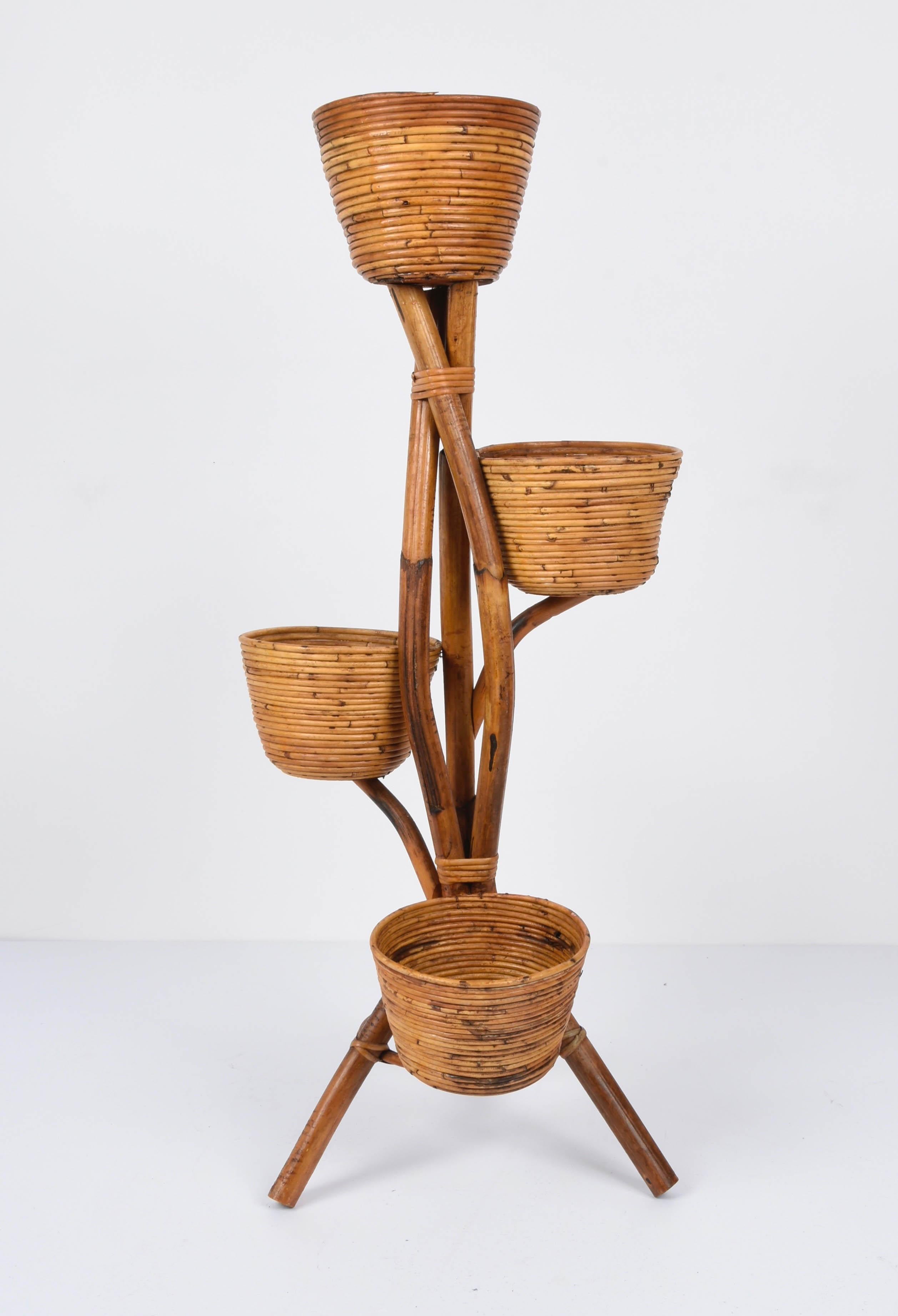 20th Century Midcentury Bamboo and Wicker Italian Four-Levelled Planter, 1950s