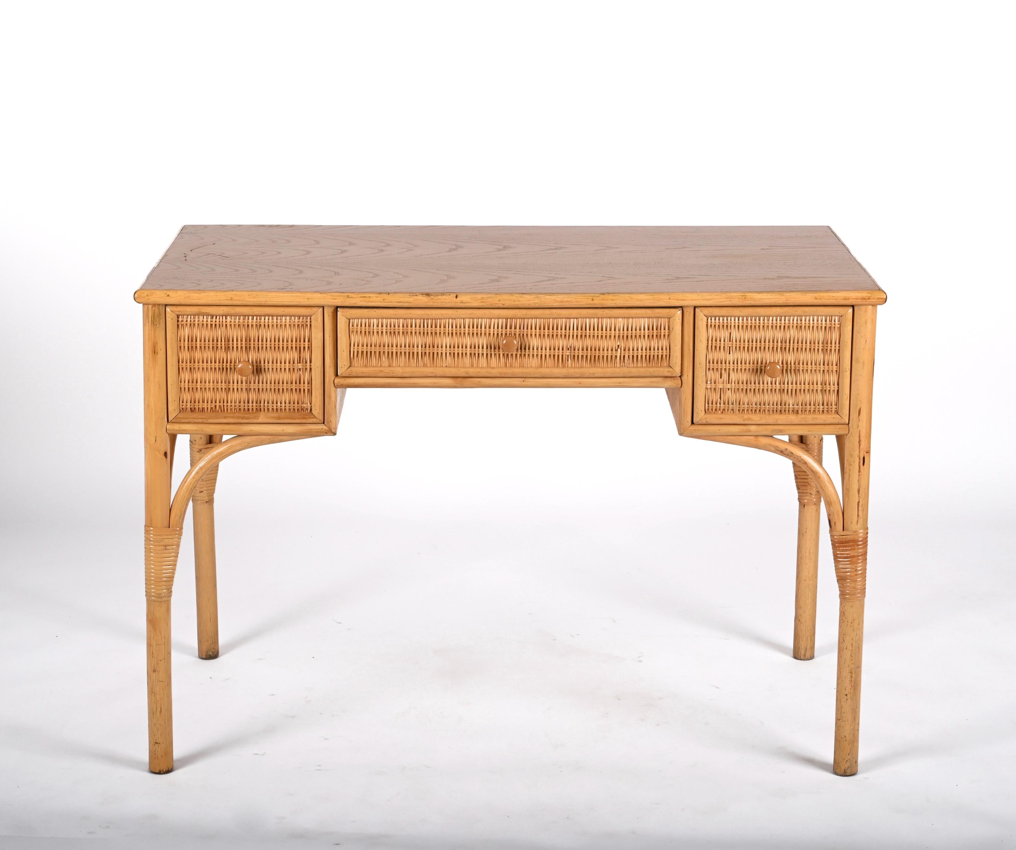 Midcentury Bamboo and Wicker Italian Rectangular Desk with Drawers, 1980s 9