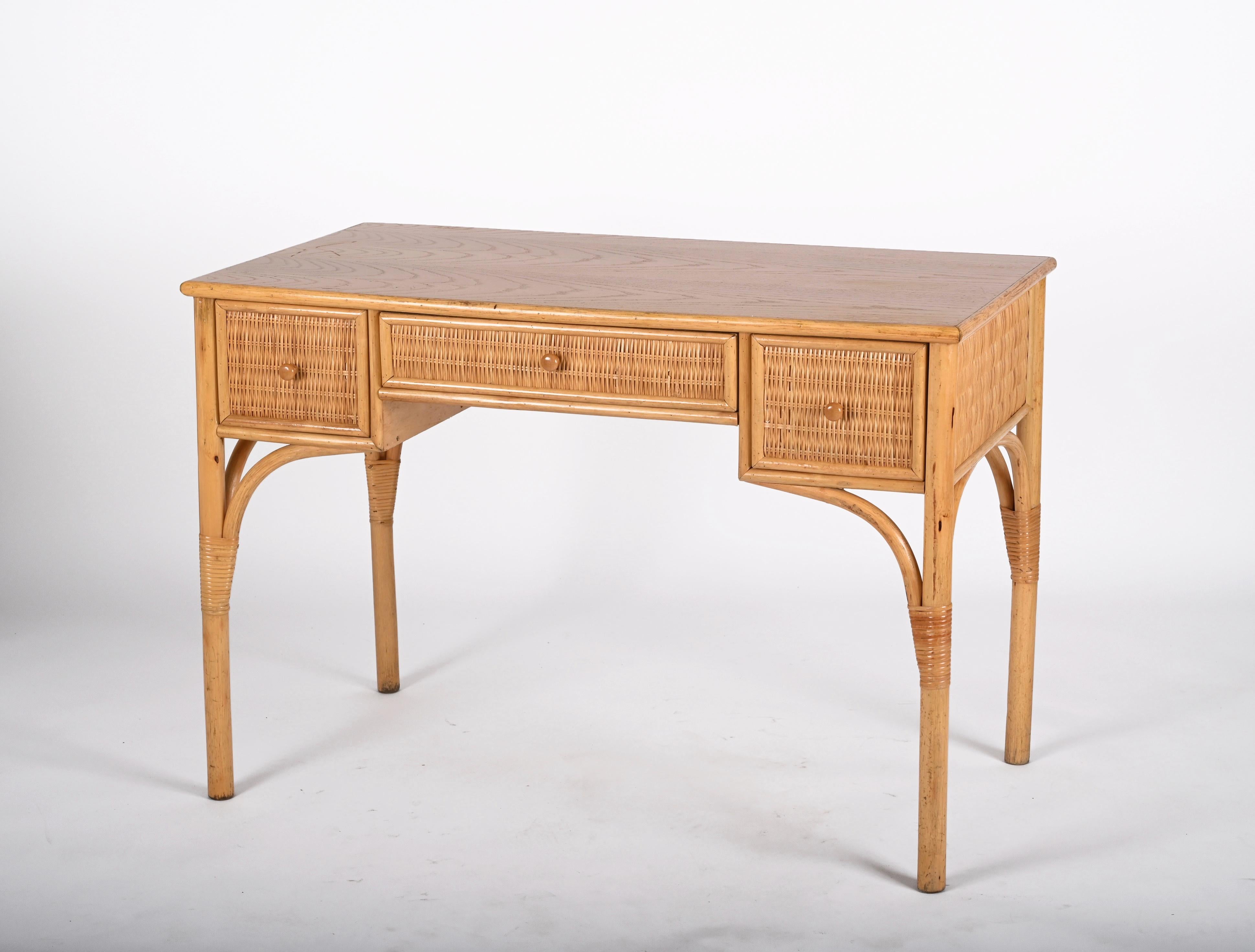 Midcentury Bamboo and Wicker Italian Rectangular Desk with Drawers, 1980s 10