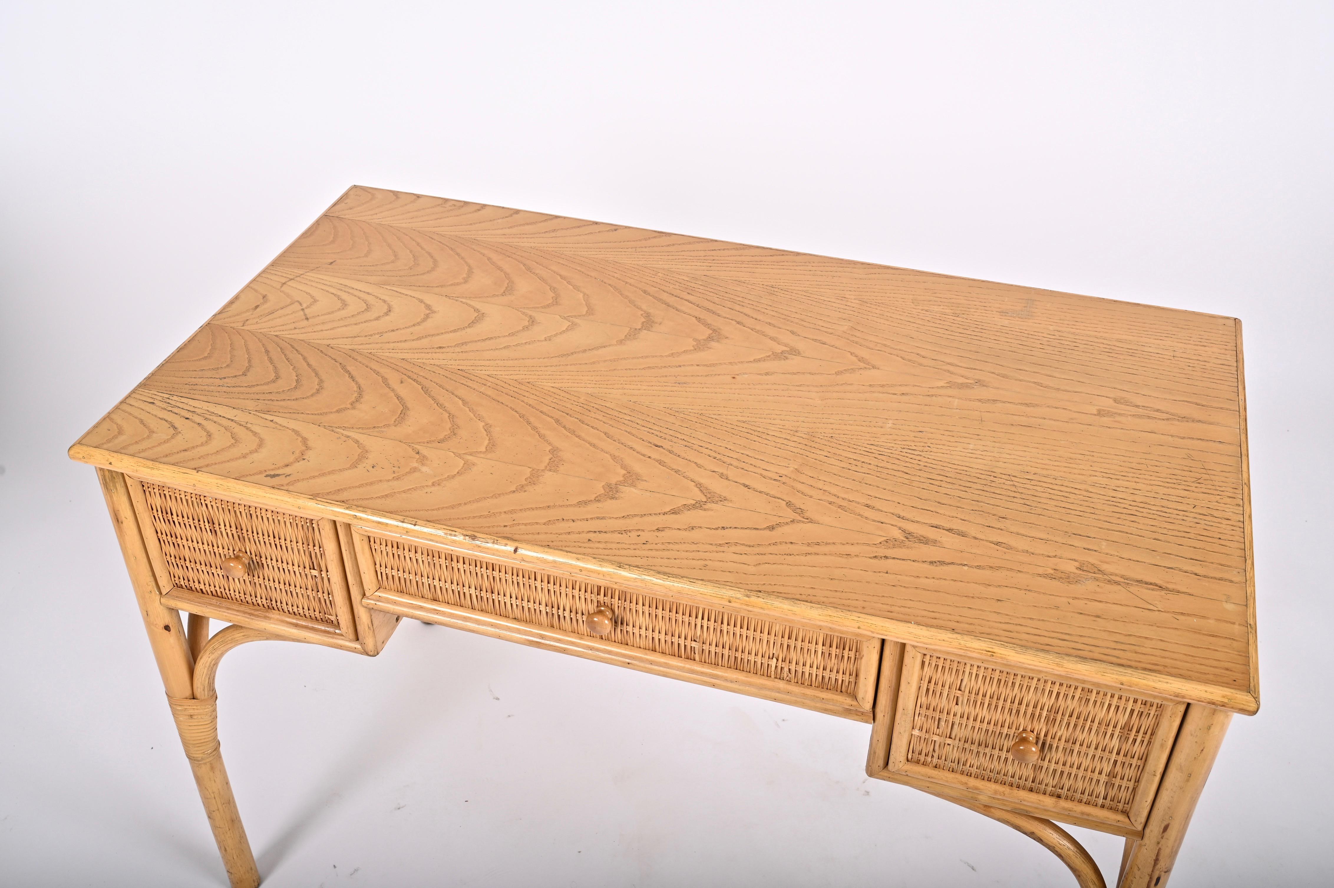 Midcentury Bamboo and Wicker Italian Rectangular Desk with Drawers, 1980s 11