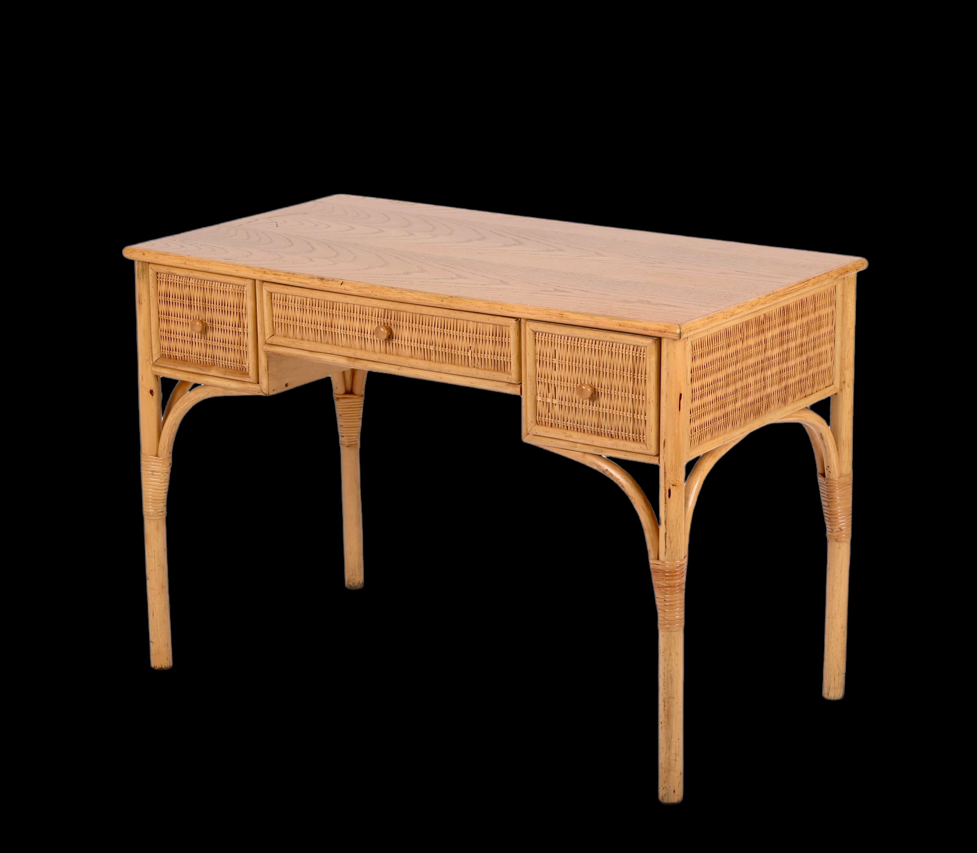 Midcentury Bamboo and Wicker Italian Rectangular Desk with Drawers, 1980s 12